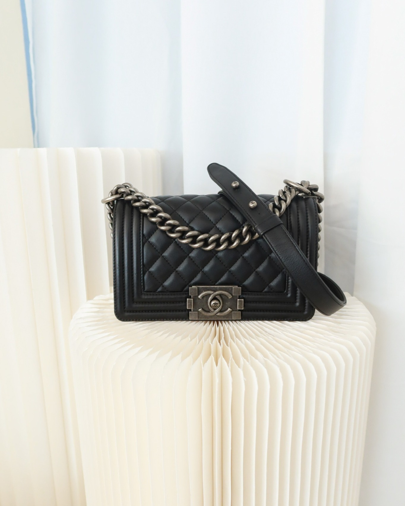 Chanel Small Boy Black Calfskin Ruthenium Hardware