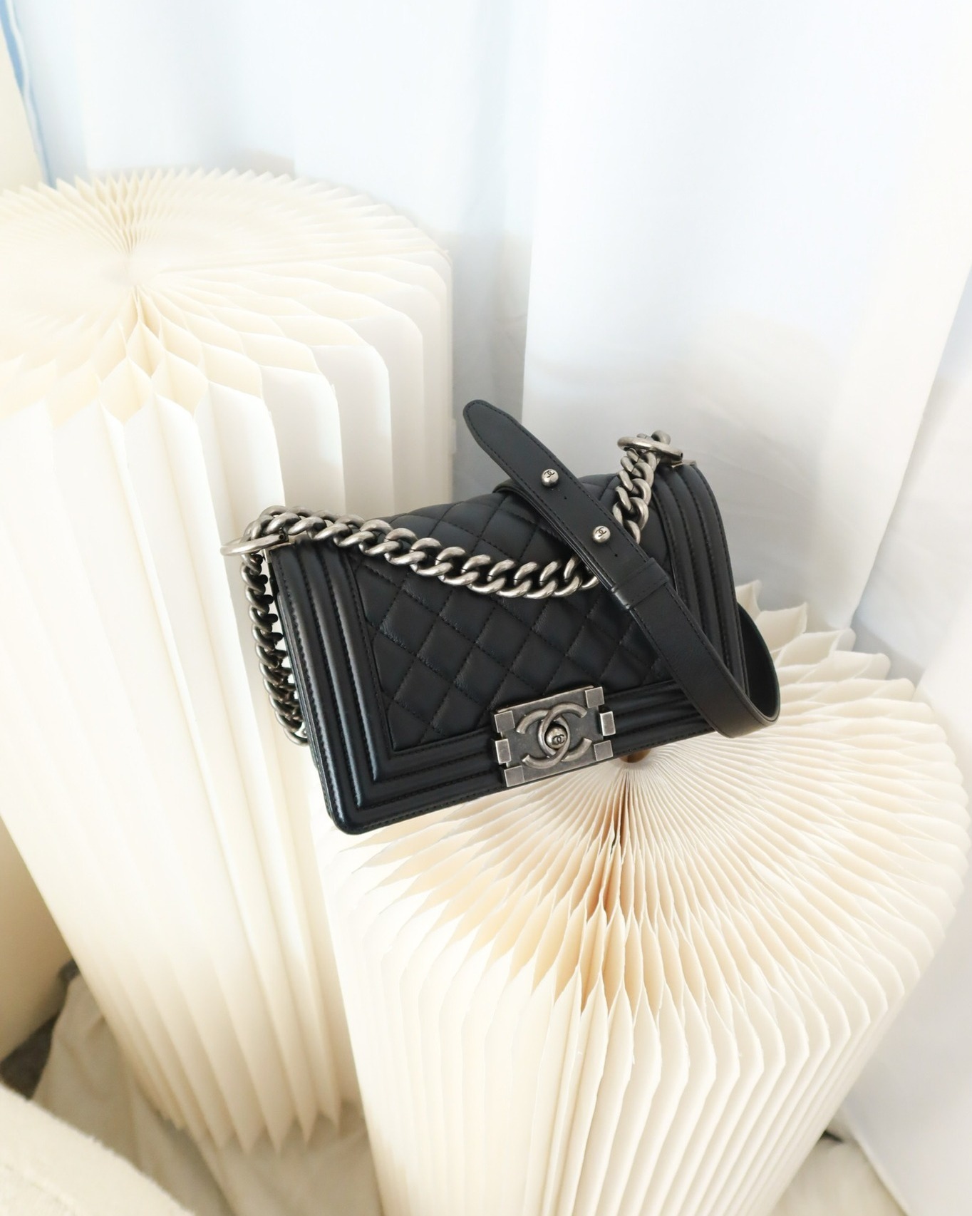 Chanel Small Boy Black Calfskin Ruthenium Hardware