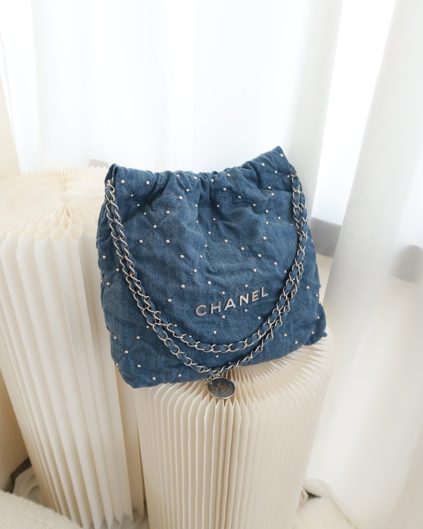 Chanel 22 Small Pearl Studded Denim