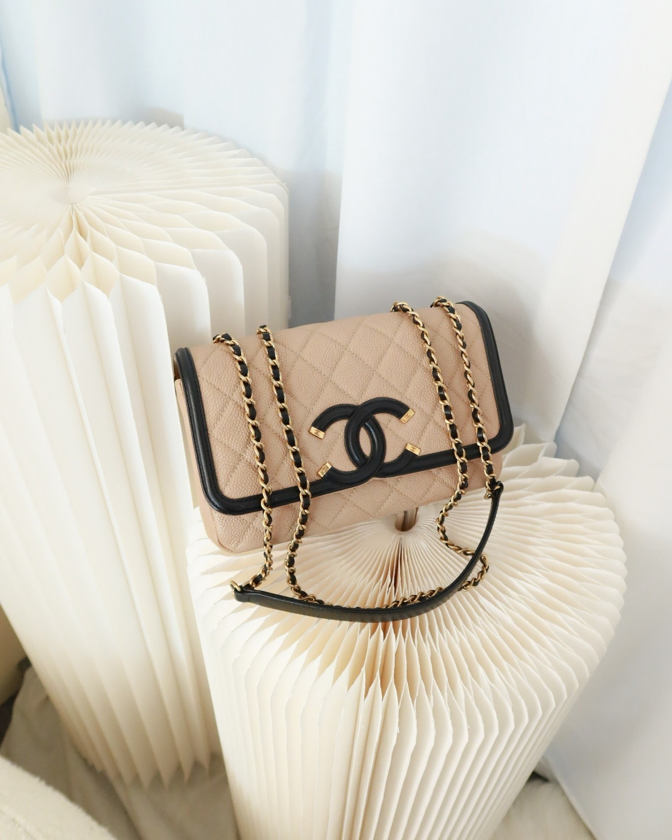 Chanel Small CC Filigree Flap Quilted Beige Black Caviar