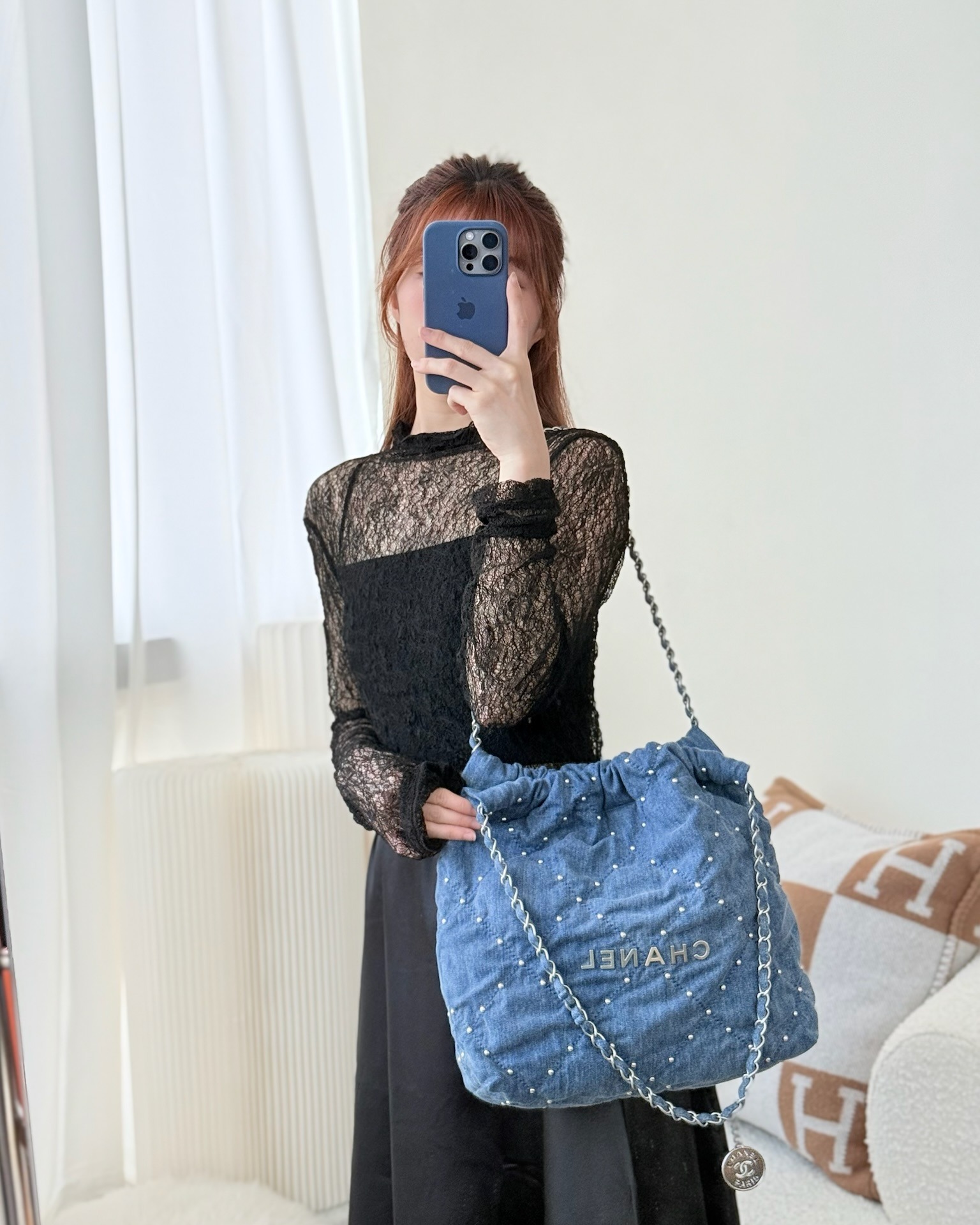 Chanel 22 Small Pearl Studded Denim