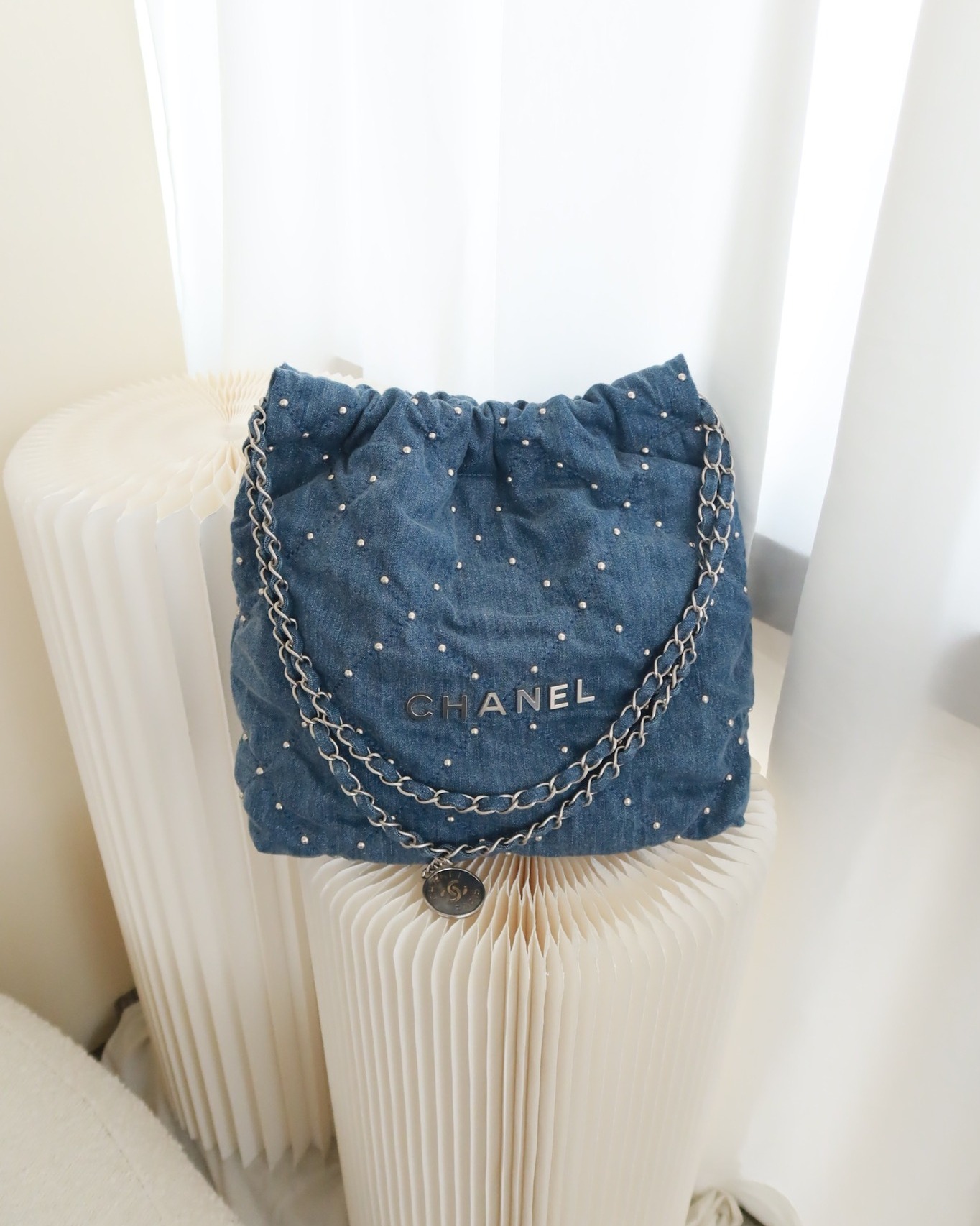 Chanel 22 Small Pearl Studded Denim