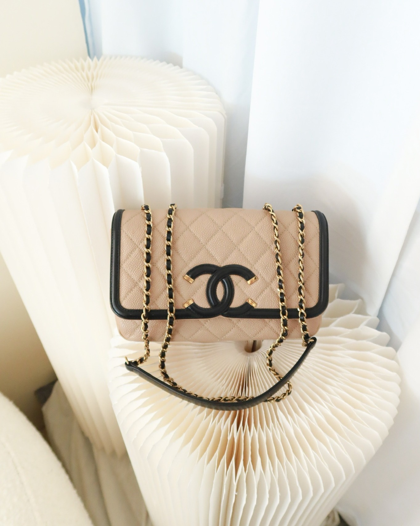 Chanel Small CC Filigree Flap Quilted Beige Black Caviar