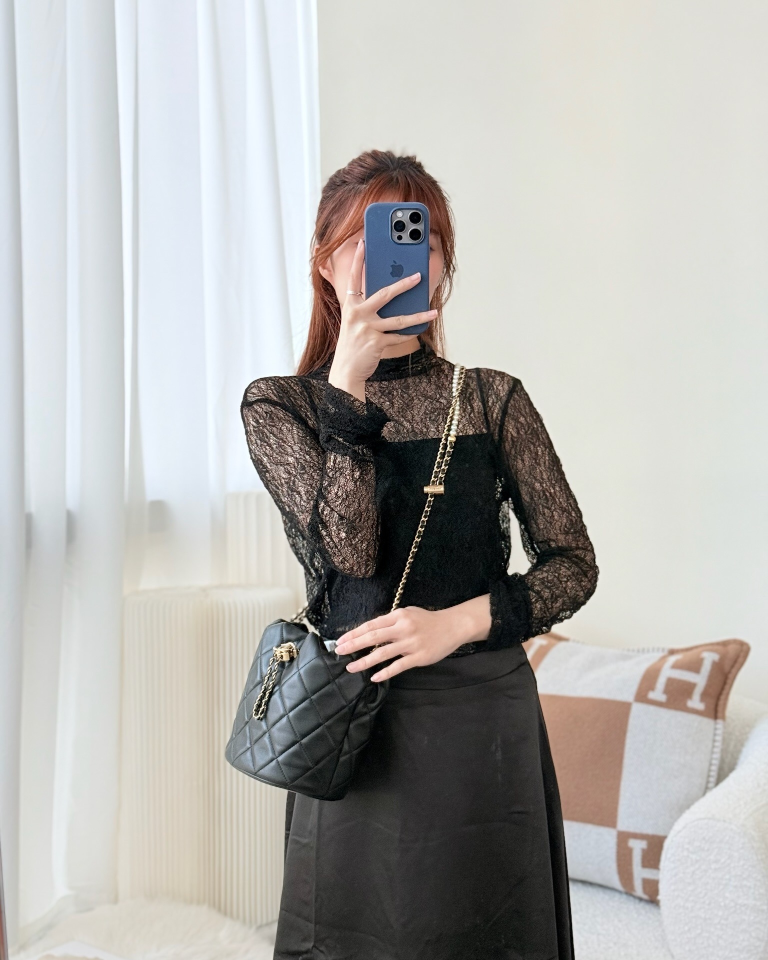 Chanel Quilted My Perfect with Pearl Drawstring Bucket Bag Black Lambskin Aged