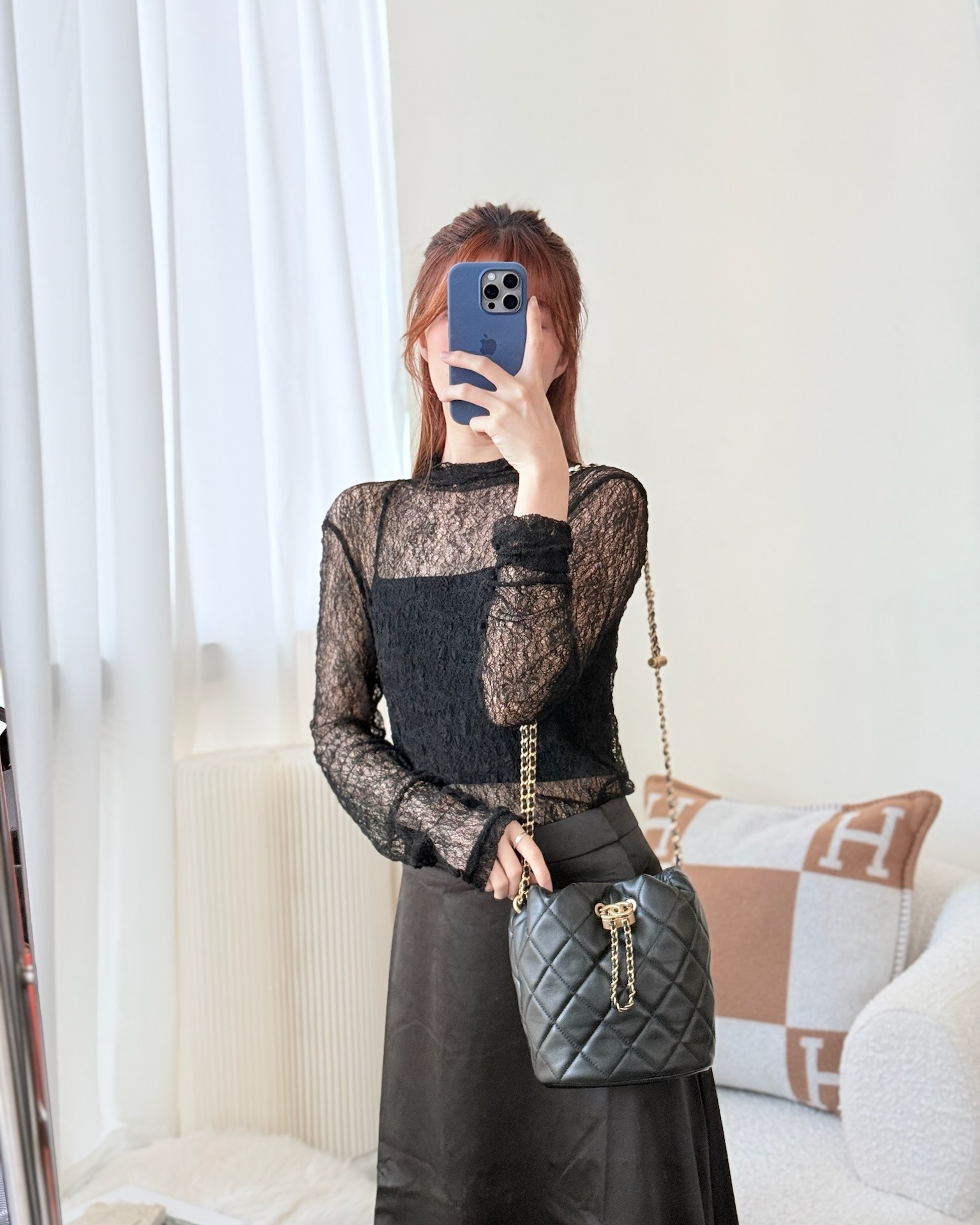 Chanel Quilted My Perfect with Pearl Drawstring Bucket Bag Black Lambskin Aged