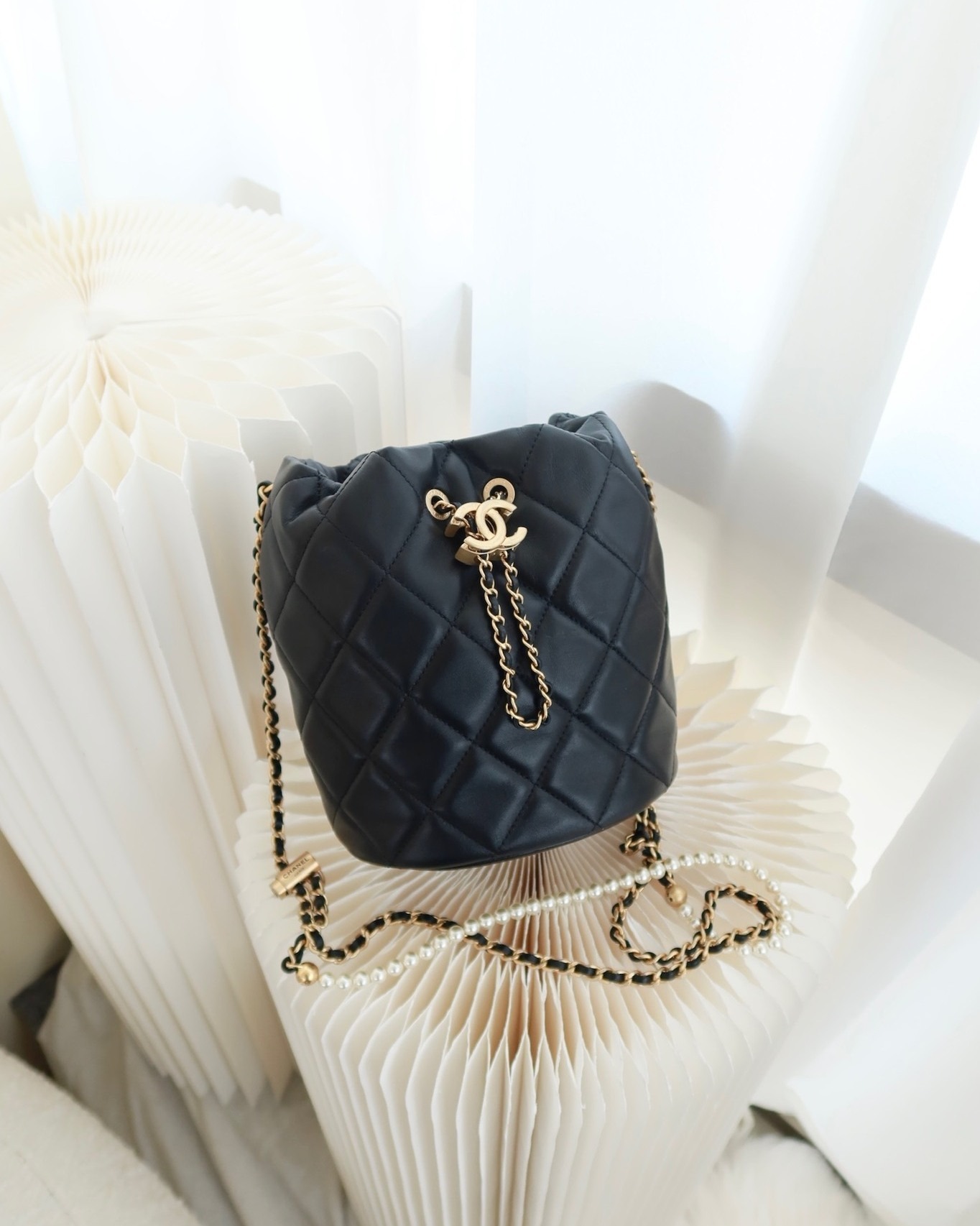 Chanel Quilted My Perfect with Pearl Drawstring Bucket Bag Black Lambskin Aged