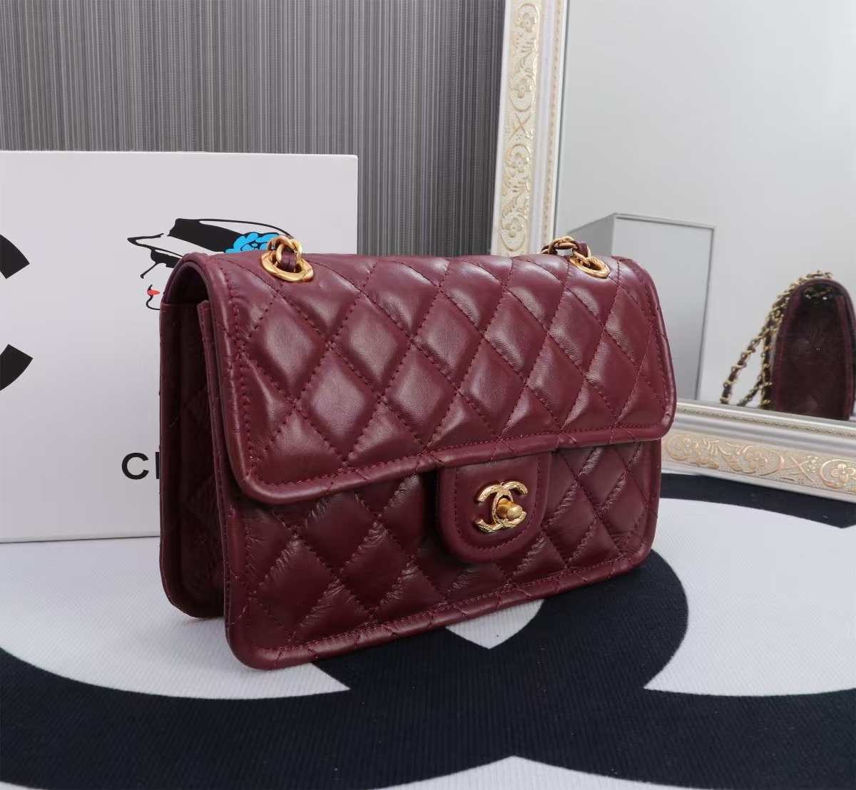 24s small flap bag 23cm burgundy calfskin gold hardware