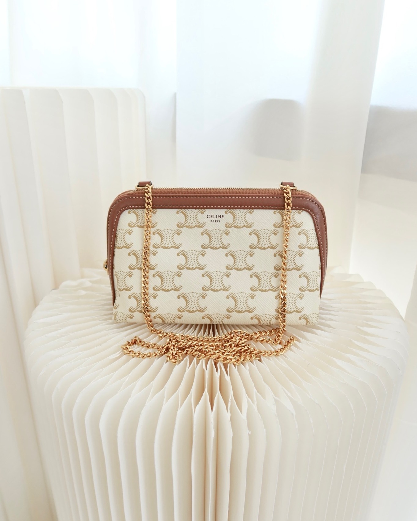 Celine Clutch With Chain Triomphe Canvas Lambskin White/Tan