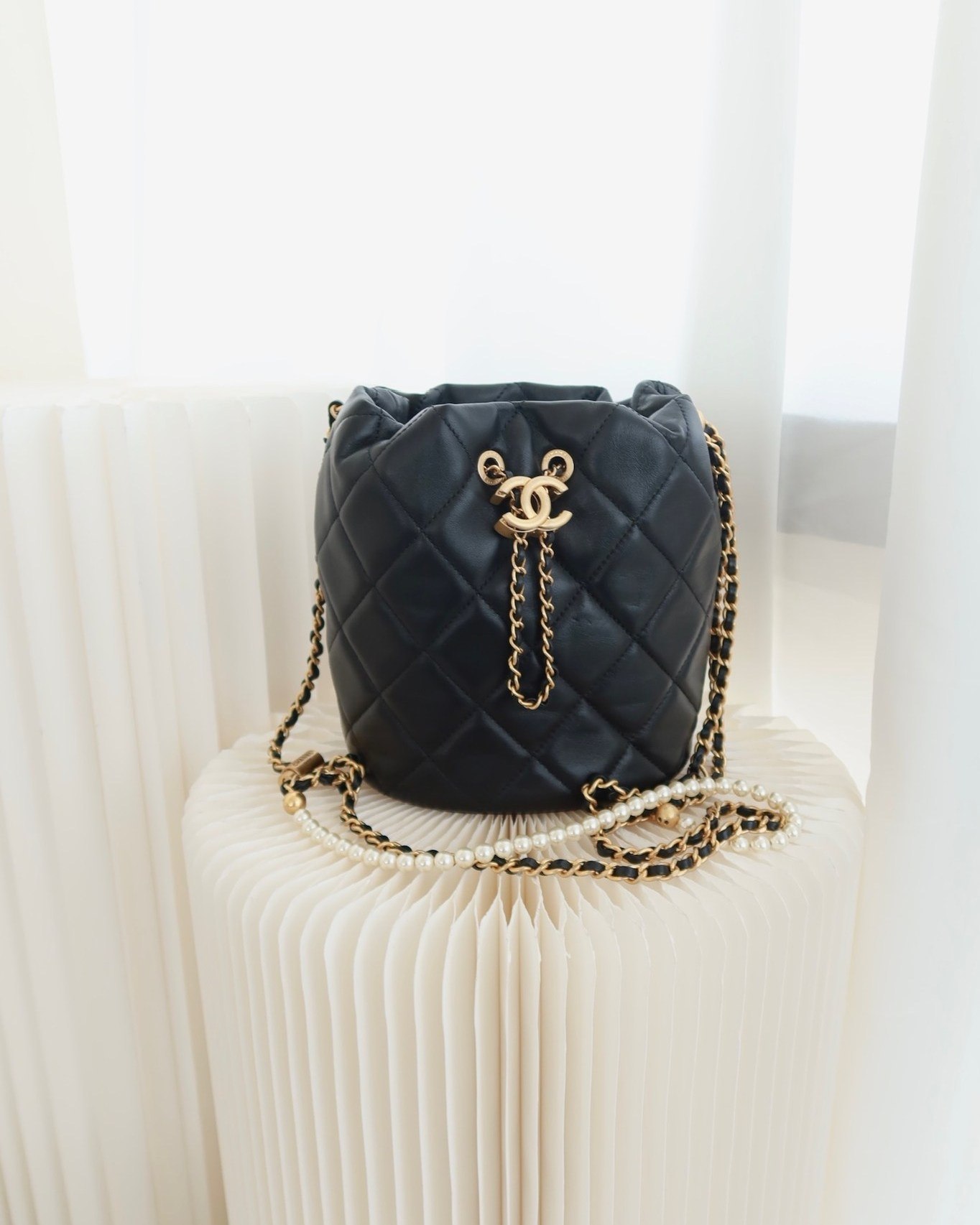 Chanel Quilted My Perfect with Pearl Drawstring Bucket Bag Black Lambskin Aged