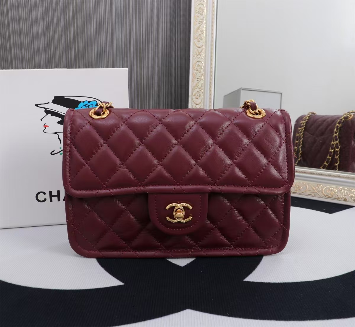 24s small flap bag 23cm burgundy calfskin gold hardware