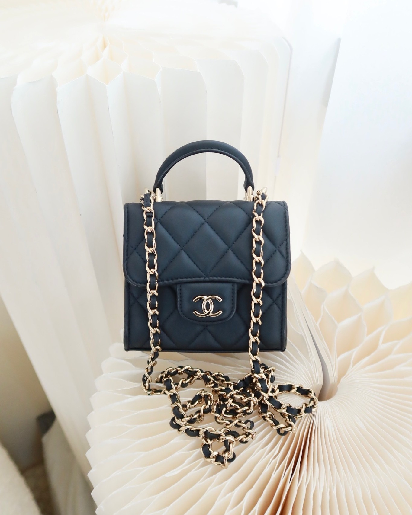 Chanel Mini Handle Clutch With Chain Iridescent Dark Navy Lambskin