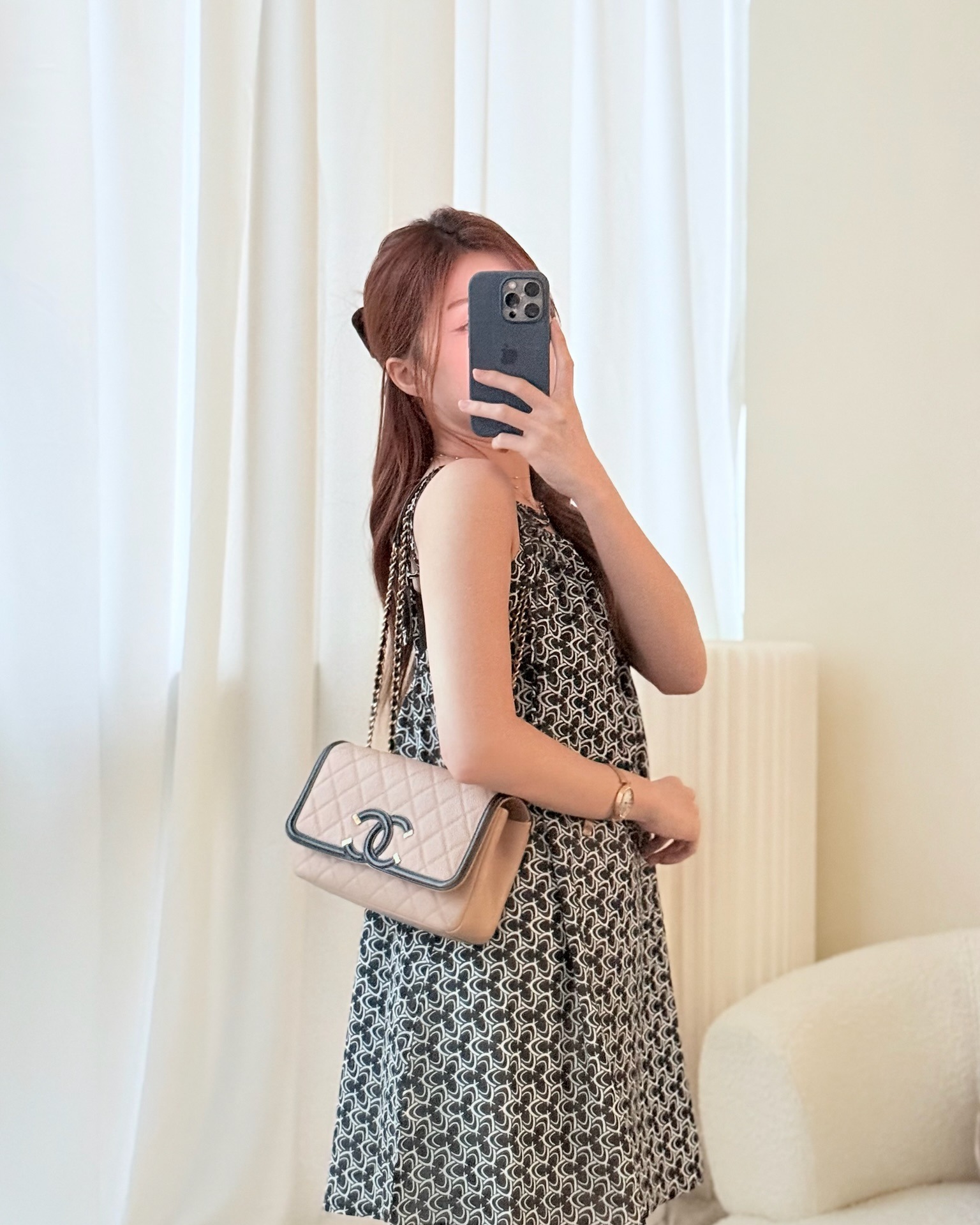 Chanel Small CC Filigree Flap Quilted Beige Black Caviar