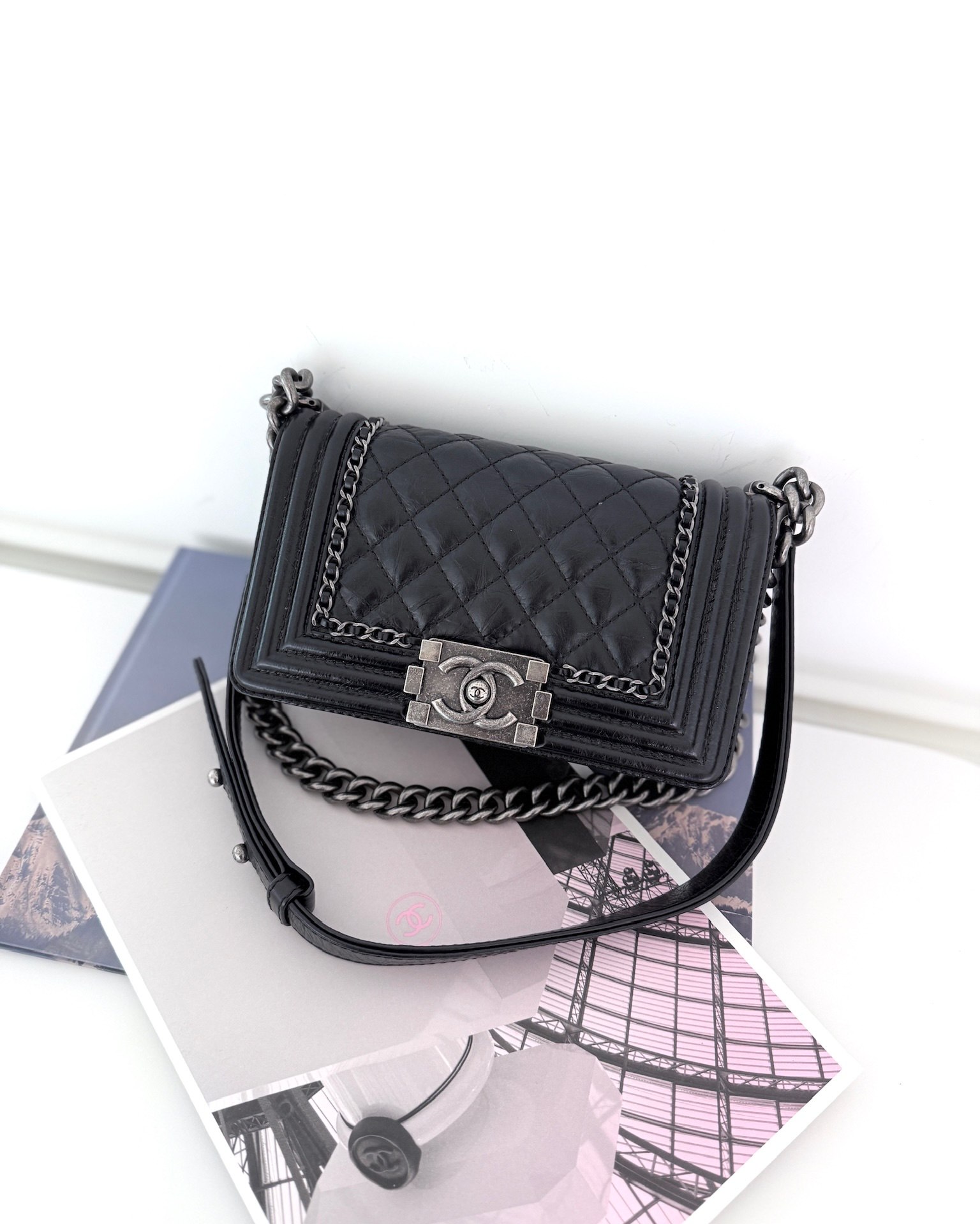 Chanel Small Chain Around Boy Quilted Black Aged Ruthenium Hardware Calfskin