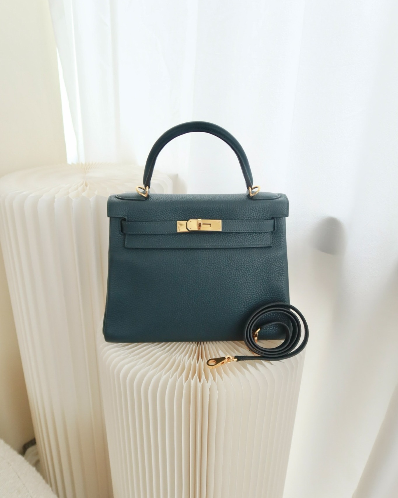 Hermès Kelly 28 Clemence Vert Cypress 6O Gold