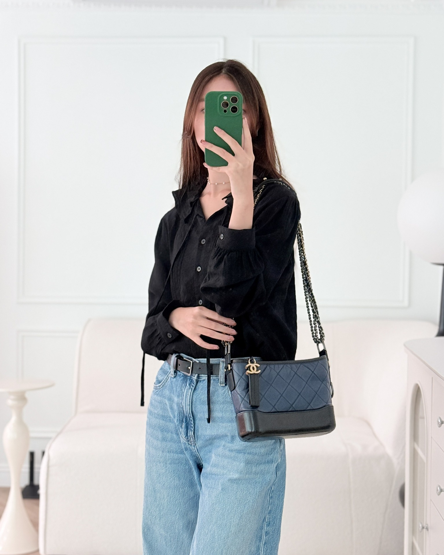 Chanel Small Gabrielle Hobo Quilted Black Navy Aged Calfskin