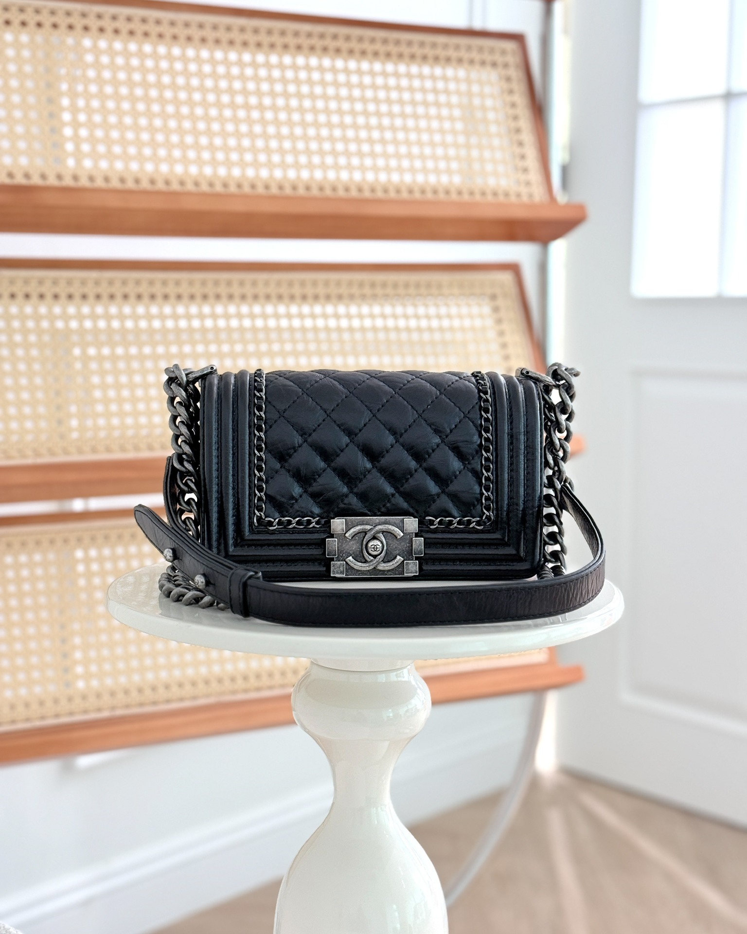 Chanel Small Chain Around Boy Quilted Black Aged Ruthenium Hardware Calfskin