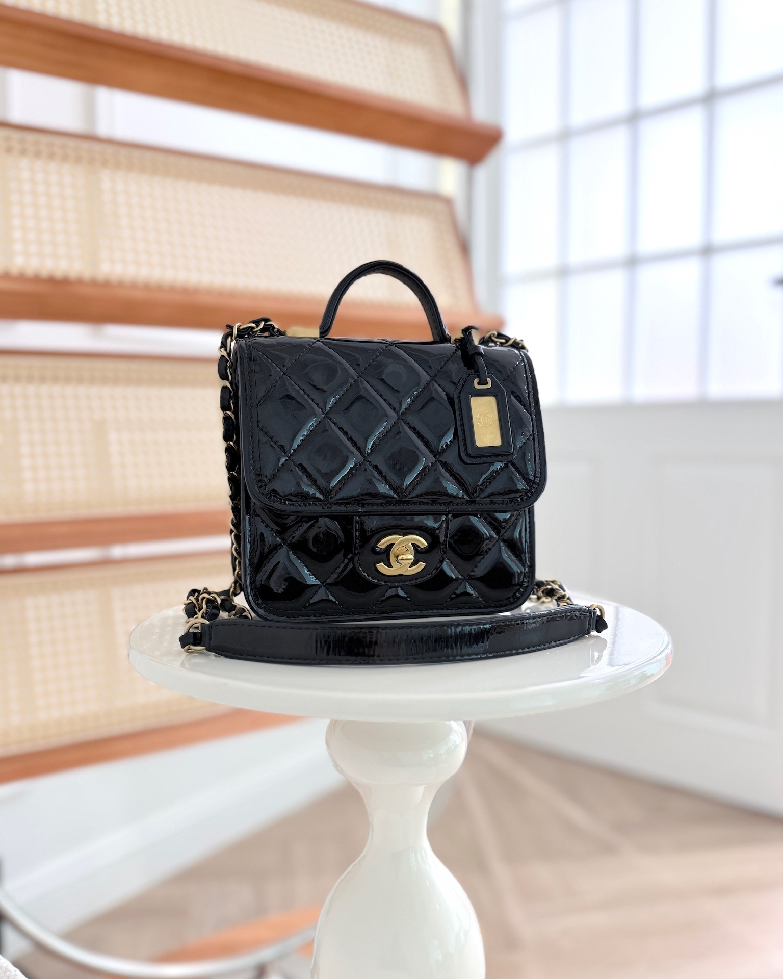 Chanel Mini School Memory Top Handle Flap Black Patent 22K