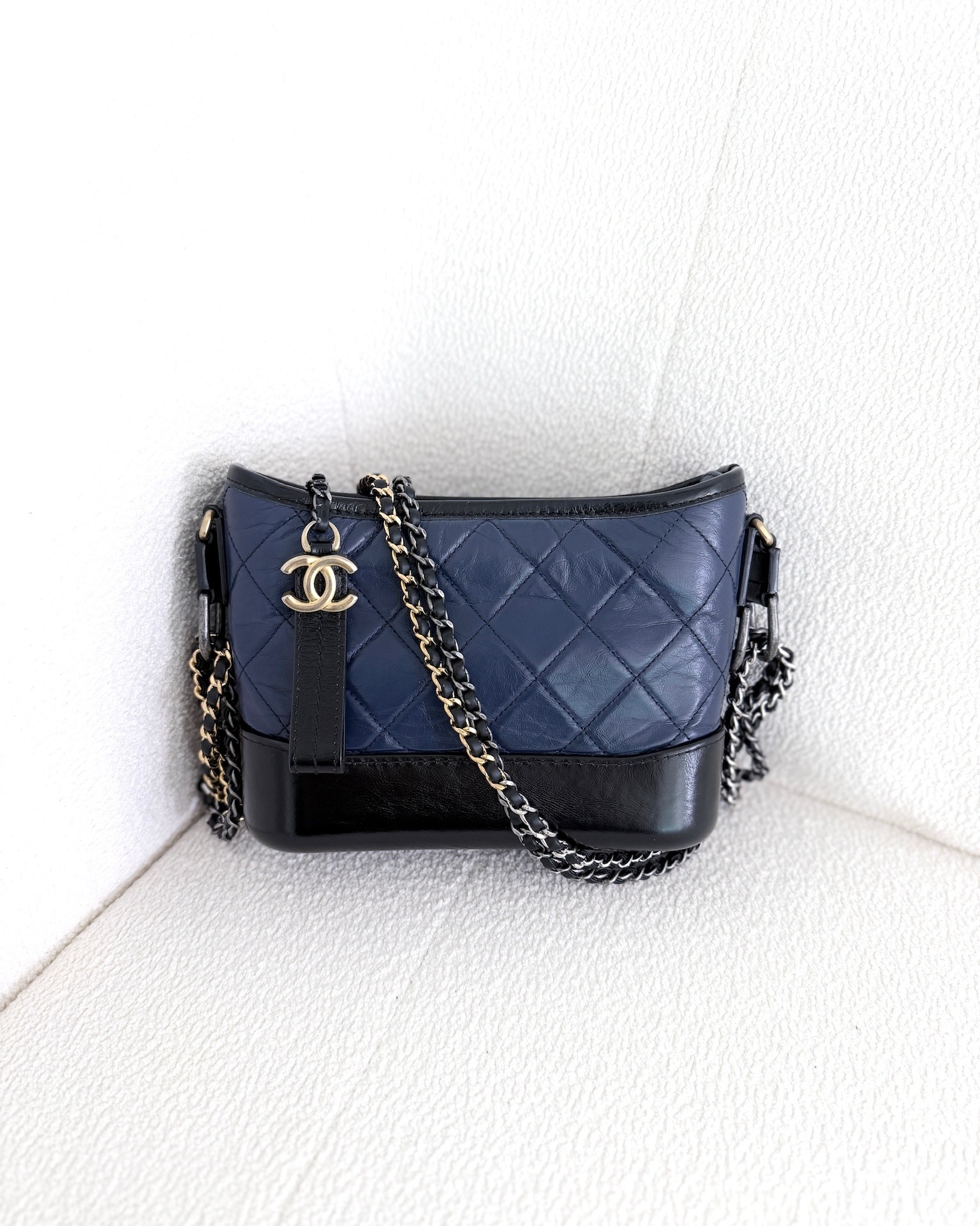 Chanel Small Gabrielle Hobo Quilted Black Navy Aged Calfskin