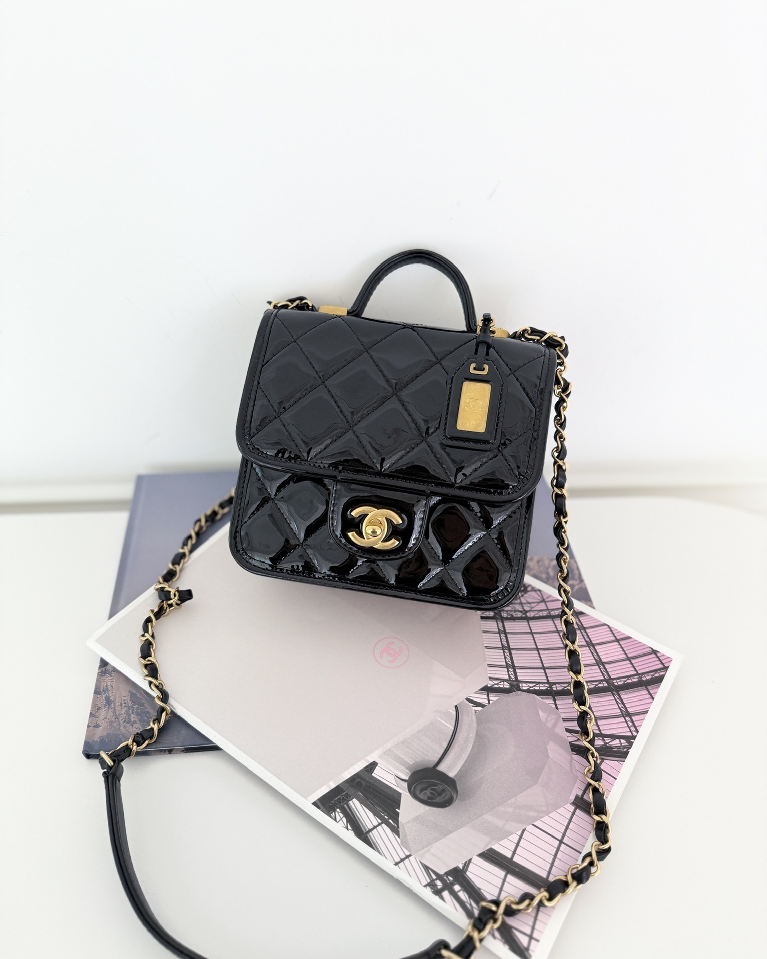 Chanel Mini School Memory Top Handle Flap Black Patent 22K