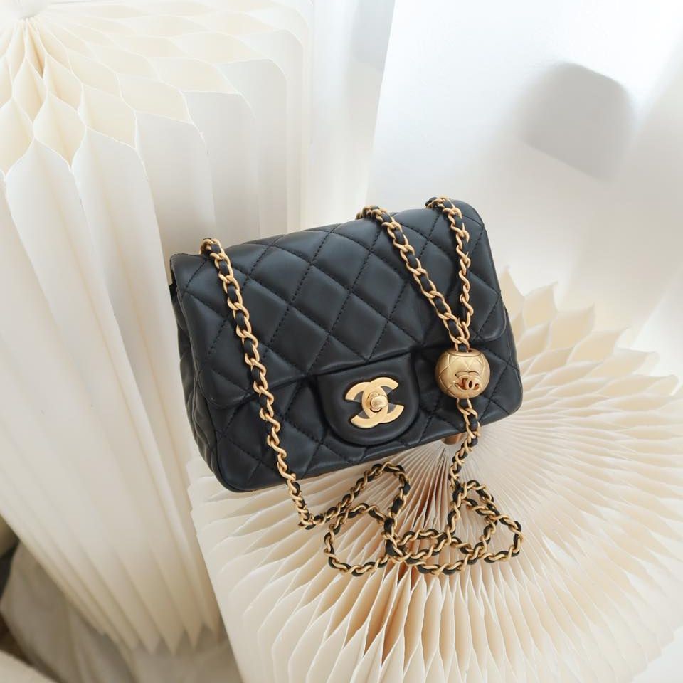 Chanel Pearl Crush Mini Square Quilted Black Lambskin Aged