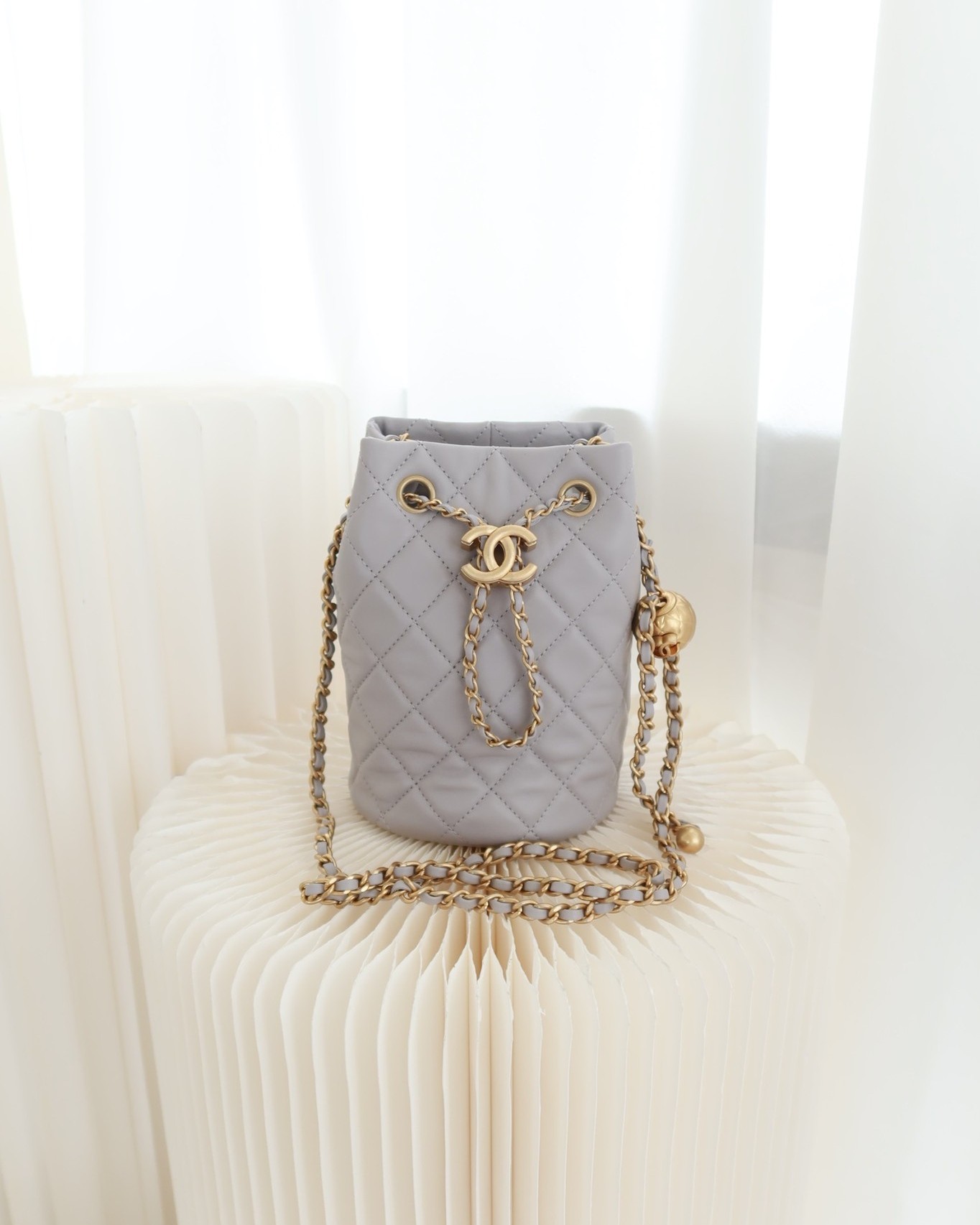 Chanel Pearl Crush Drawstring Bucket Bag Grey Lambskin Aged