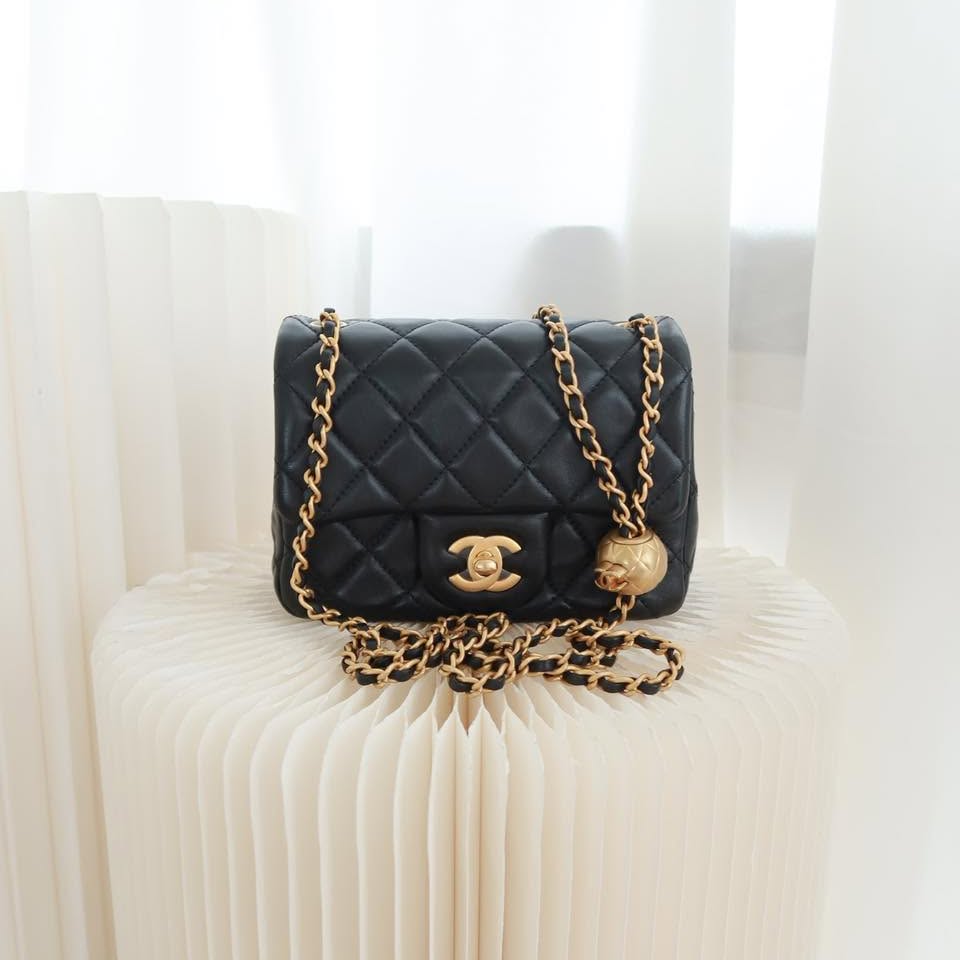 Chanel Pearl Crush Mini Square Quilted Black Lambskin Aged