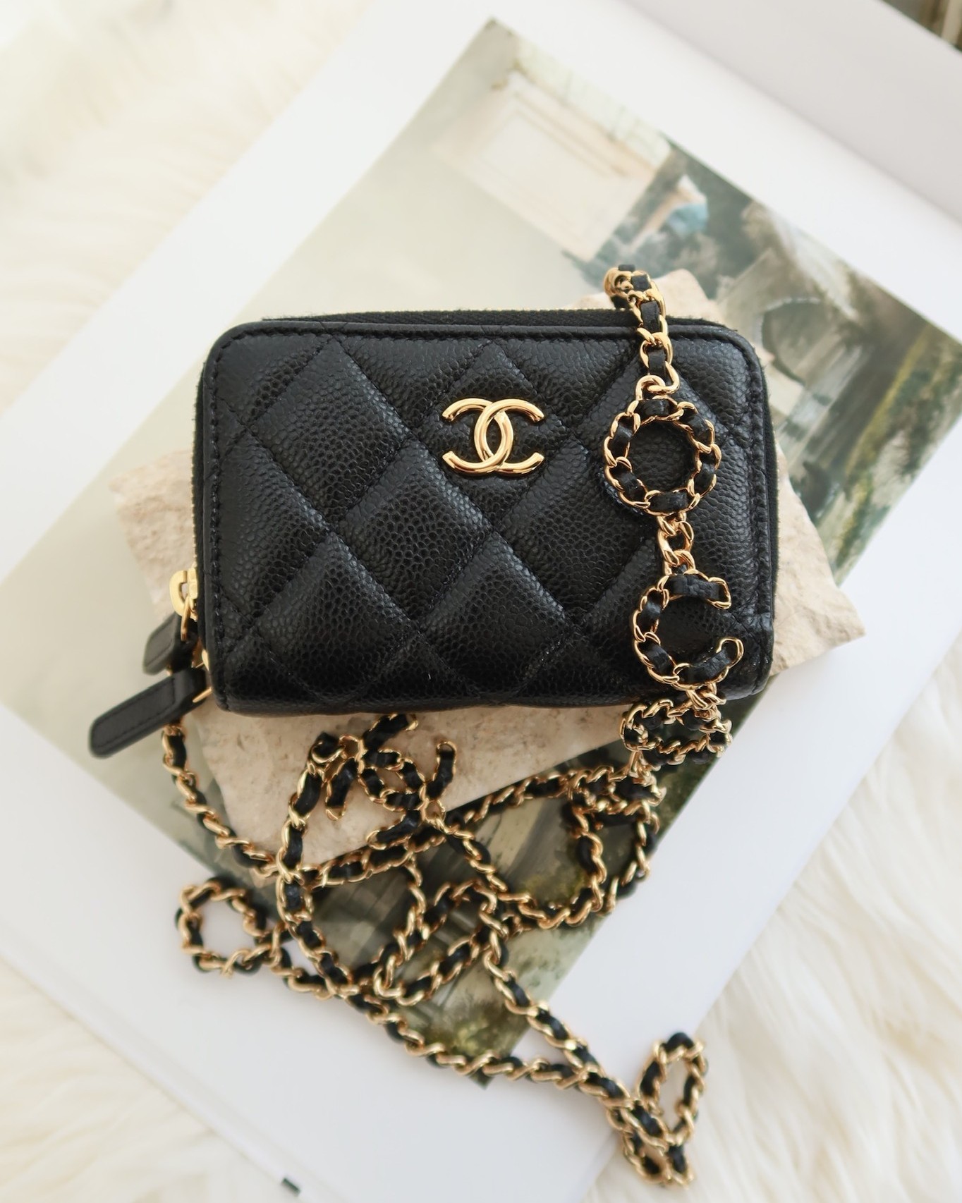 Chanel Miss Coco Quilted Zip Card Holder on Chain Black Caviar
