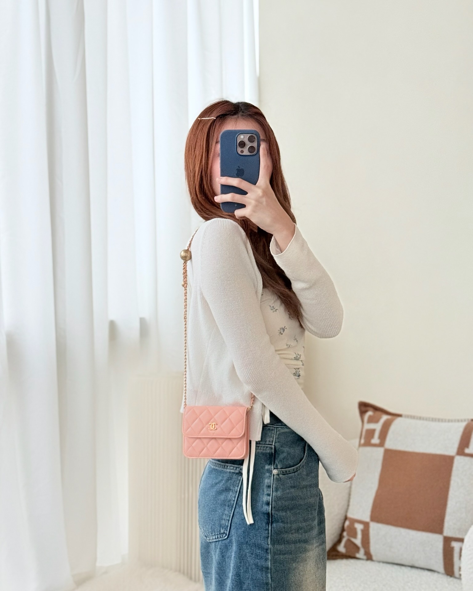 Chanel Pearl Crush Card Holder Pink Beige Lambskin Aged