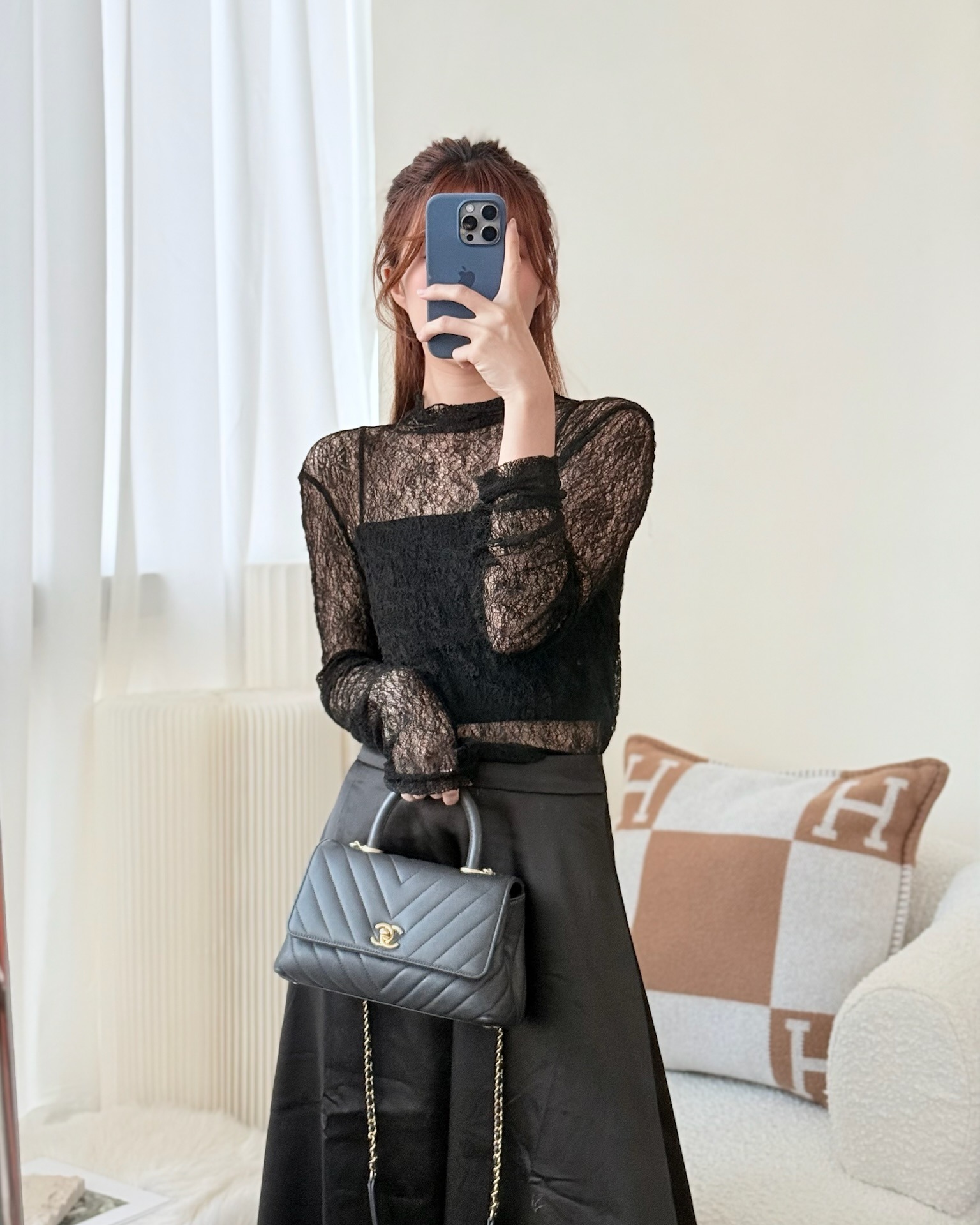 Chanel Small Coco Handle Chevron Dark Grey Caviar Aged