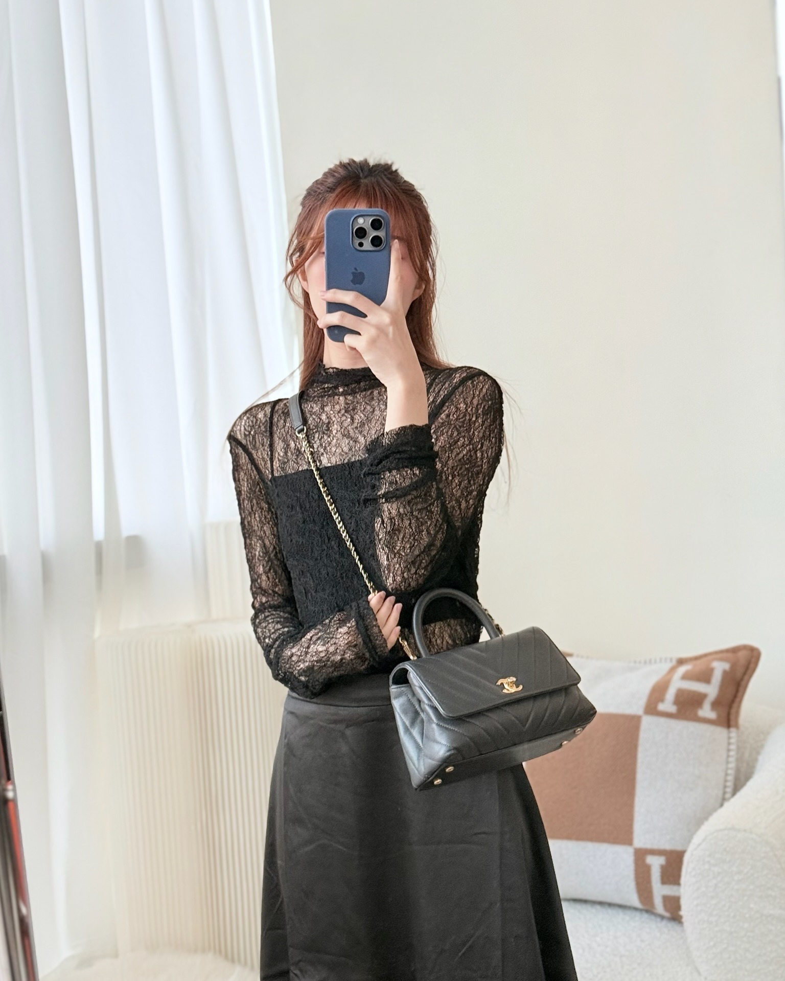 Chanel Small Coco Handle Chevron Dark Grey Caviar Aged