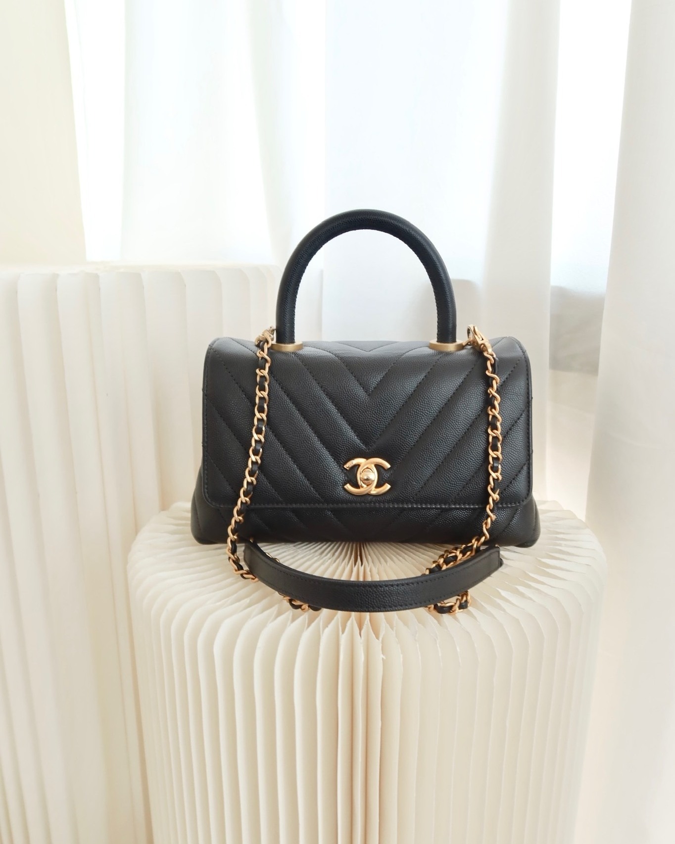 Chanel Small Coco Handle Chevron Dark Grey Caviar Aged