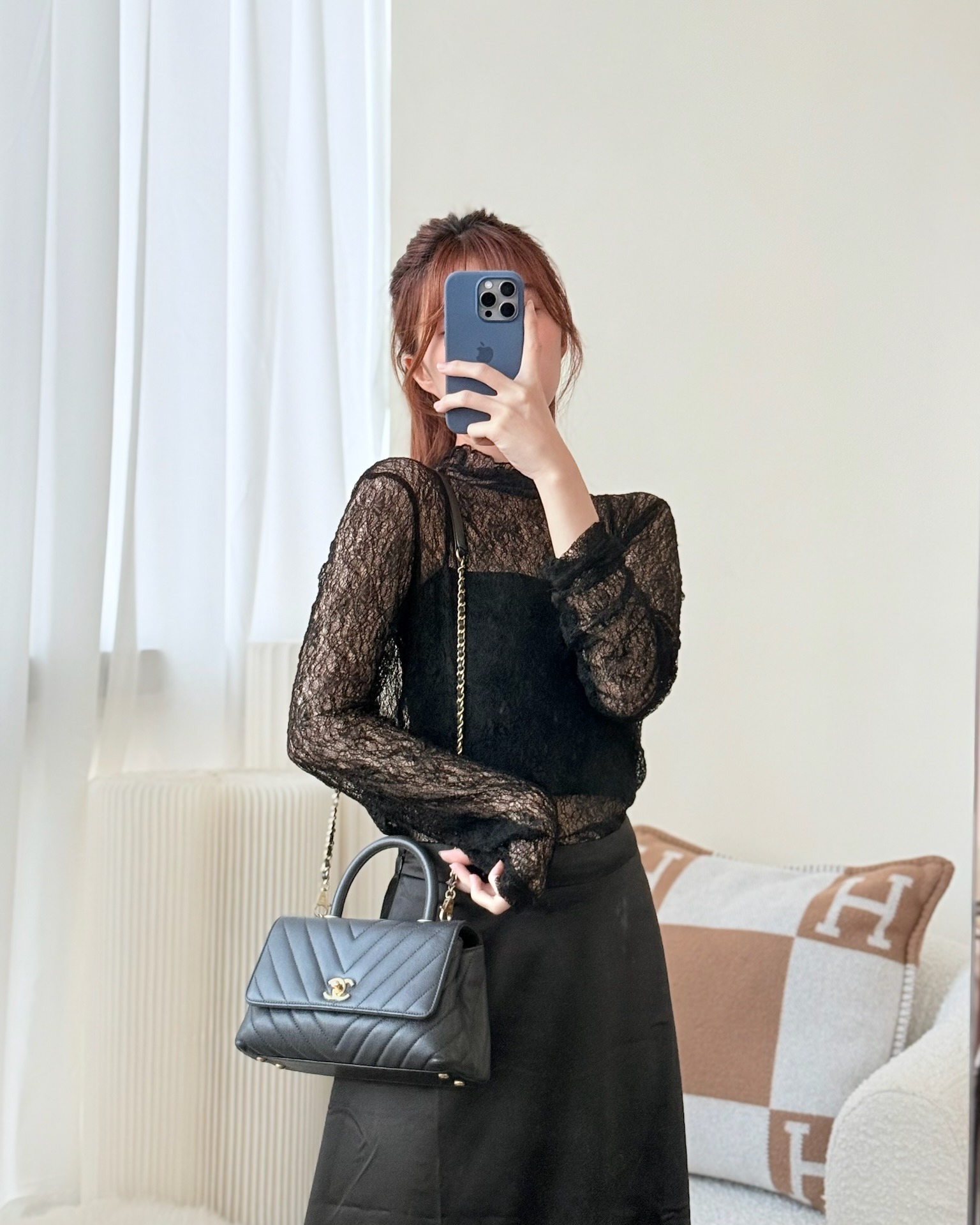 Chanel Small Coco Handle Chevron Dark Grey Caviar Aged