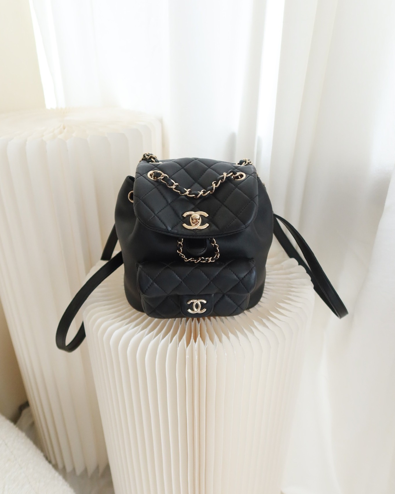 Chanel Quilted Small Duma Drawstring Backpack Lambskin Black