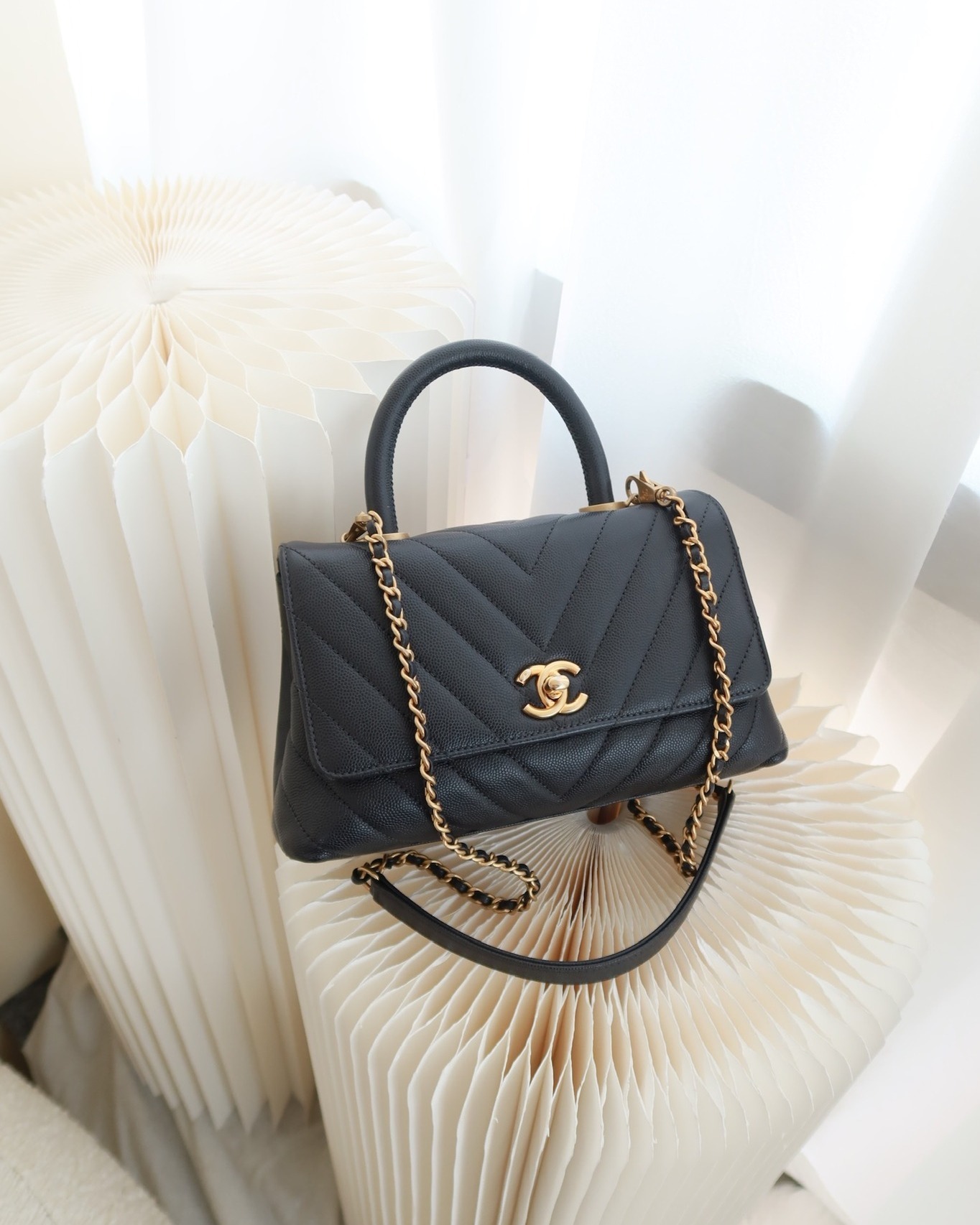 Chanel Small Coco Handle Chevron Dark Grey Caviar Aged