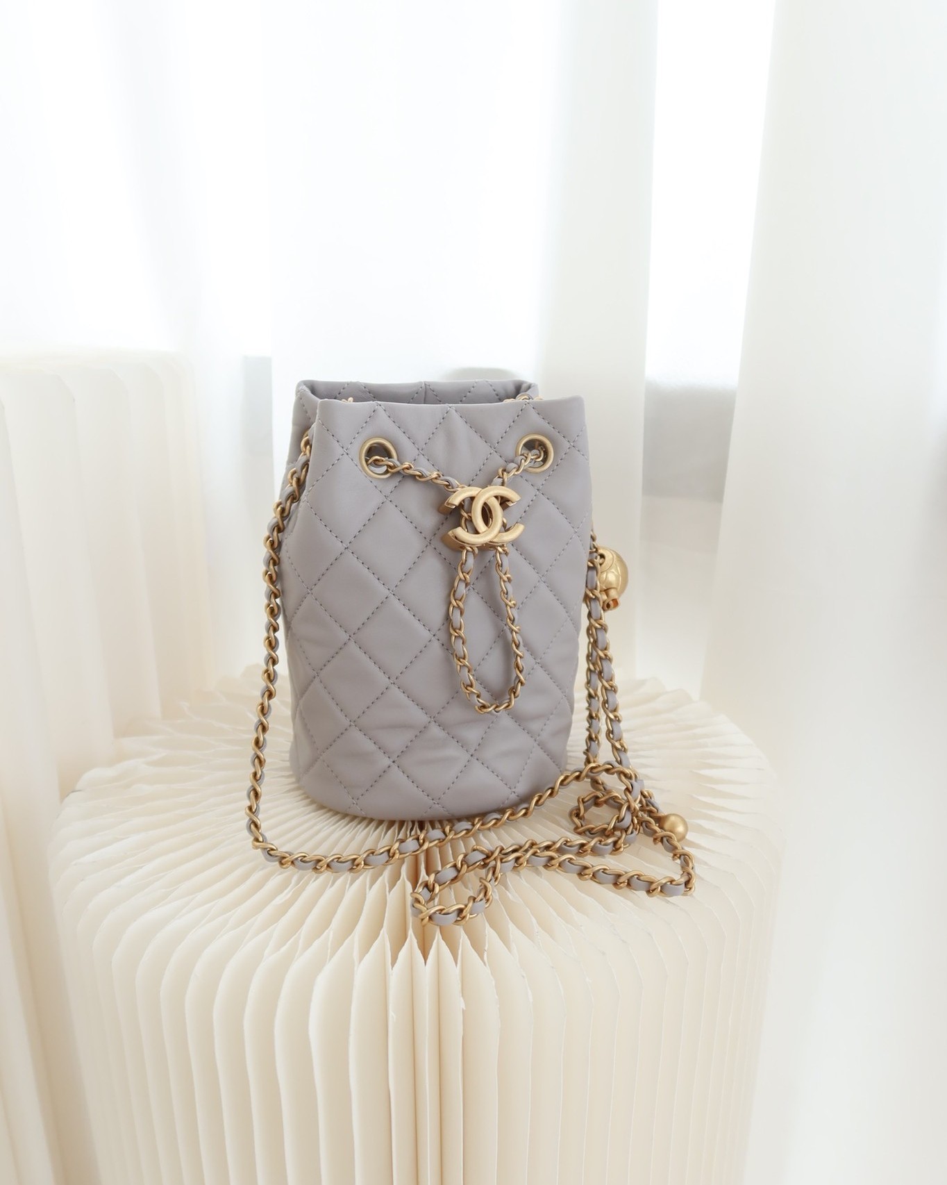 Chanel Pearl Crush Drawstring Bucket Bag Grey Lambskin Aged