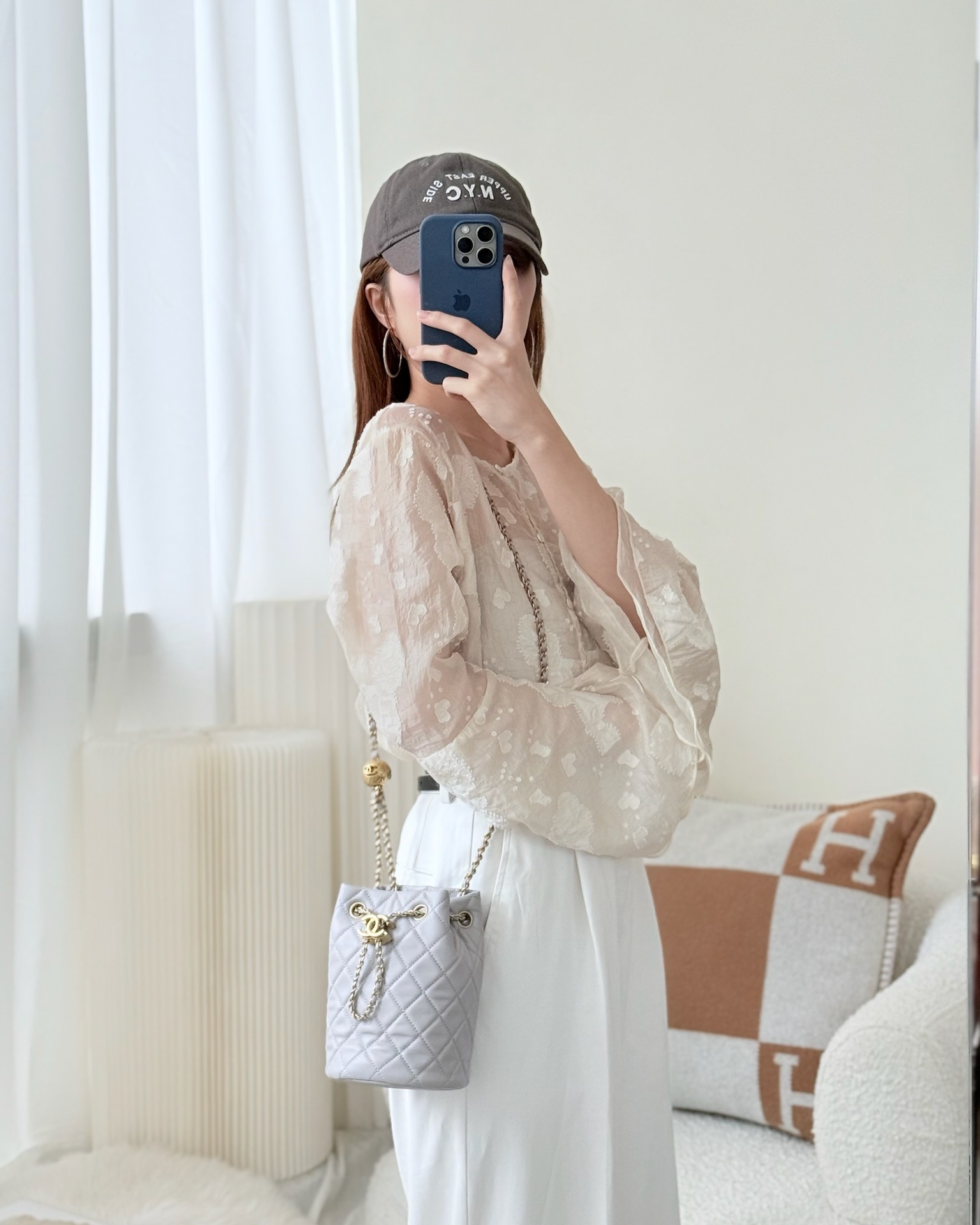 Chanel Pearl Crush Drawstring Bucket Bag Grey Lambskin Aged
