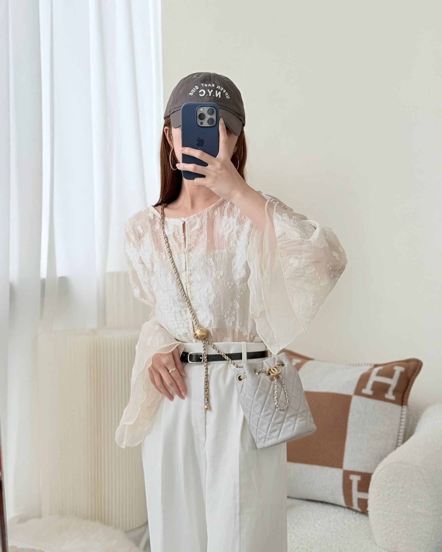 Chanel Pearl Crush Drawstring Bucket Bag Grey Lambskin Aged