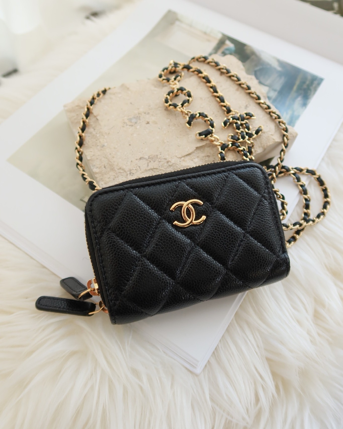 Chanel Miss Coco Quilted Zip Card Holder on Chain Black Caviar