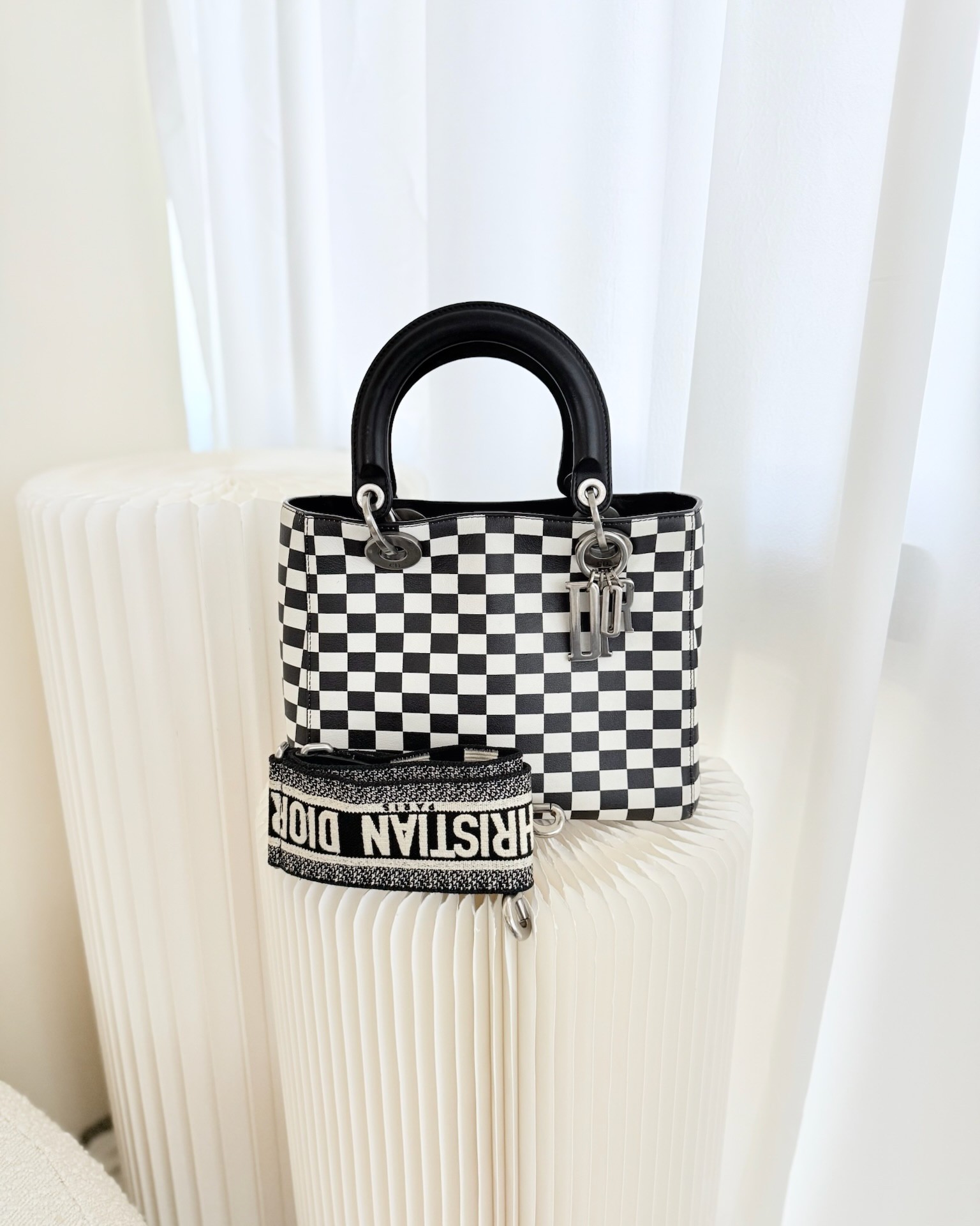 Dior Medium Lady Dior Checkered Calfskin Black/ White