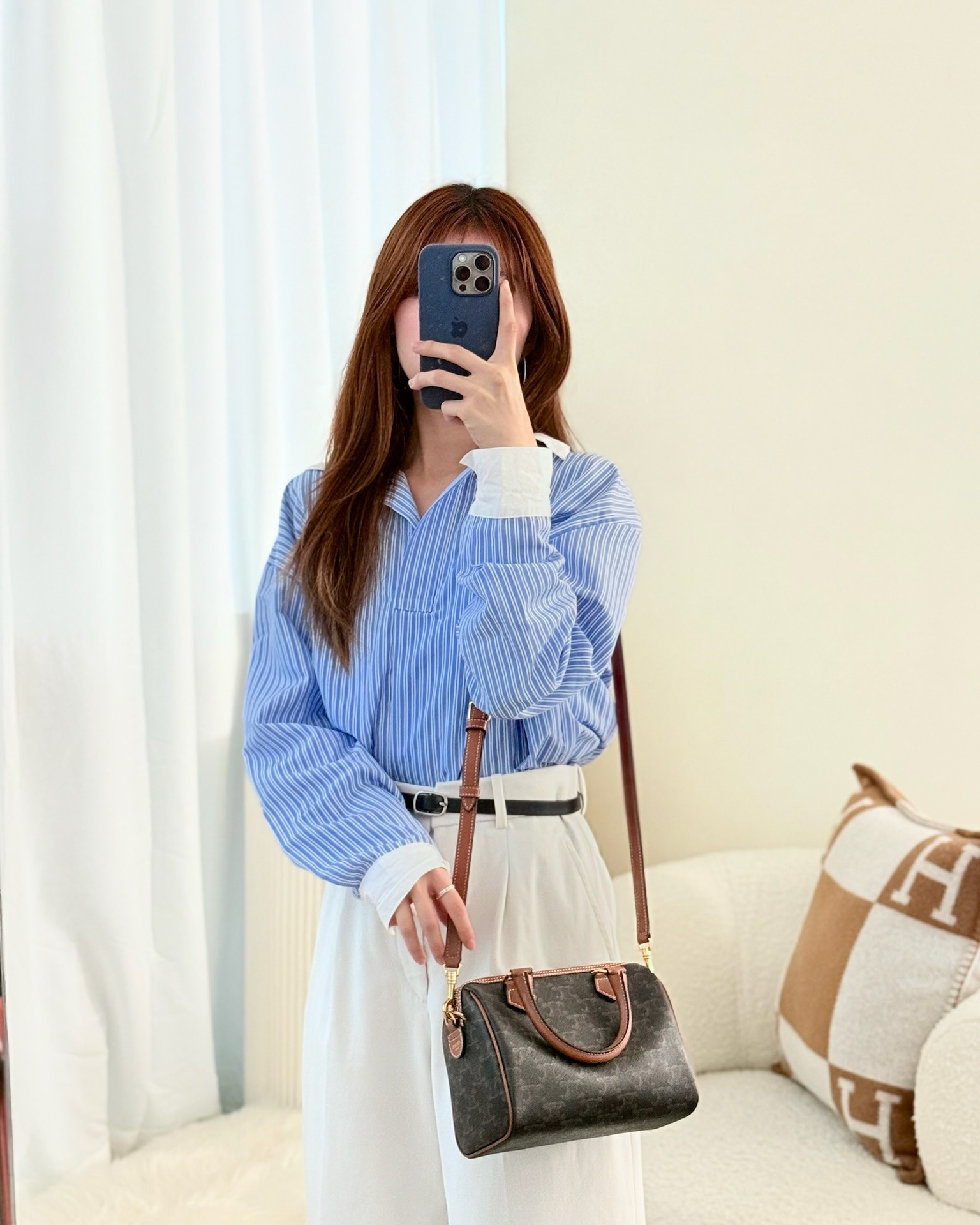 Celine Small Boston Bag Triomphe Canvas Tan Calfskin