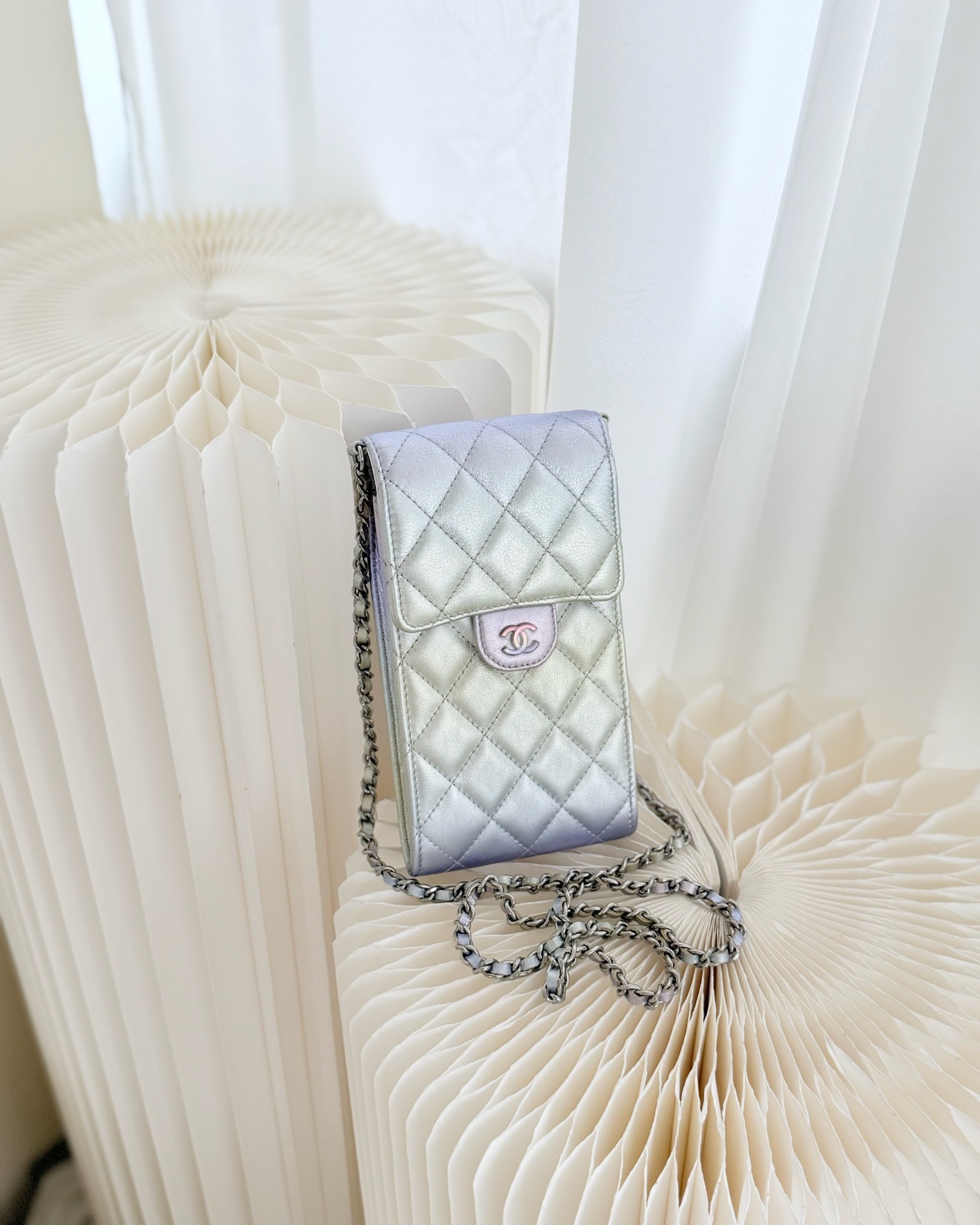 Chanel Classic Quilted Phone Holder Iridescent Rainbow Calfskin