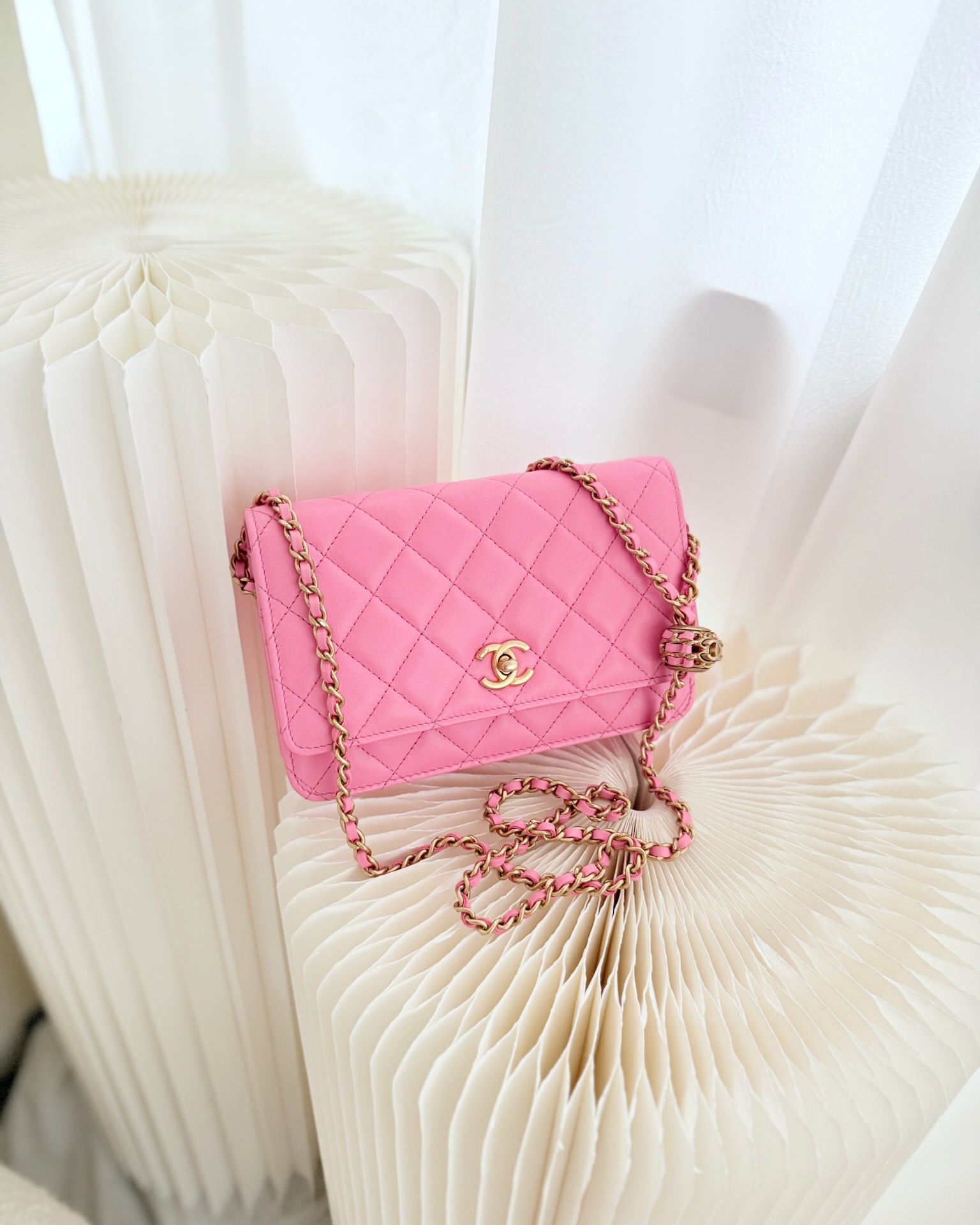 Chanel Quilted Pearl Crush Wallet on Chain WOC Pink Lambskin Aged