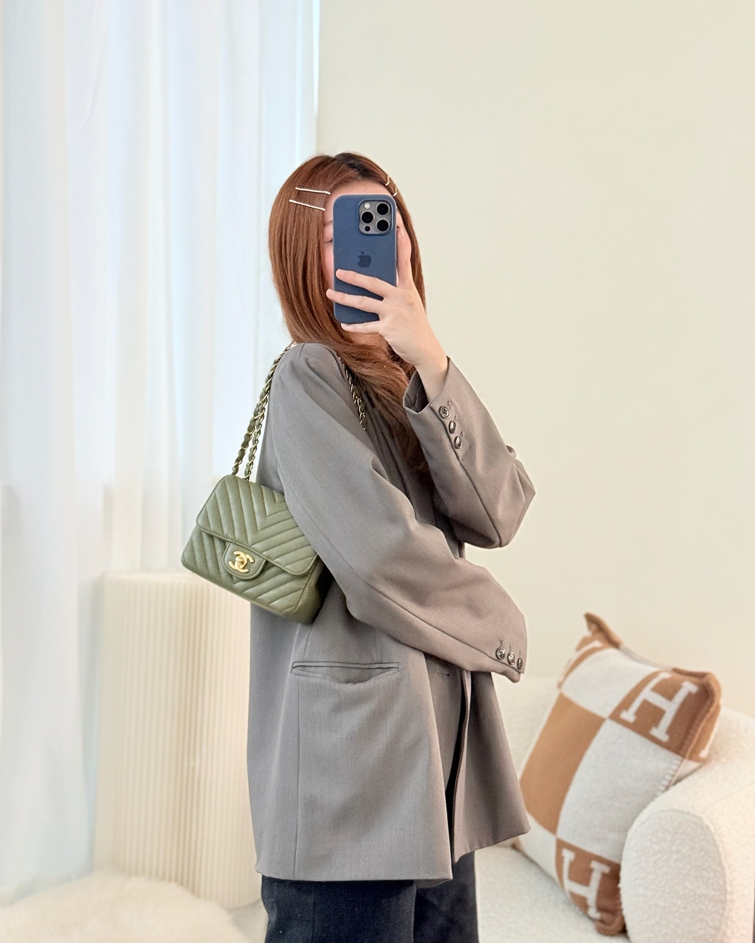 Chanel Mini Square Flap Chevron Olive Green Calfskin