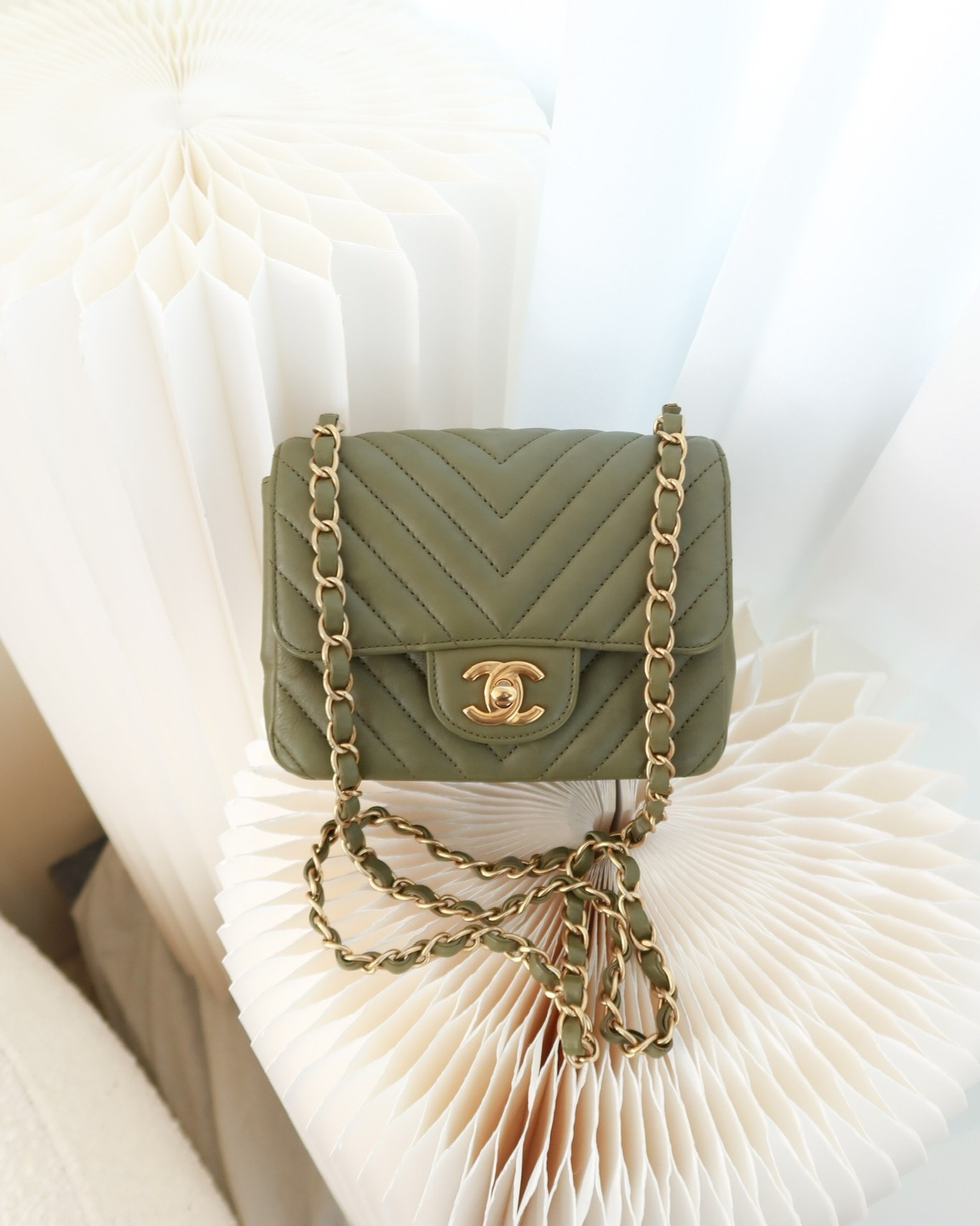 Chanel Mini Square Flap Chevron Olive Green Calfskin
