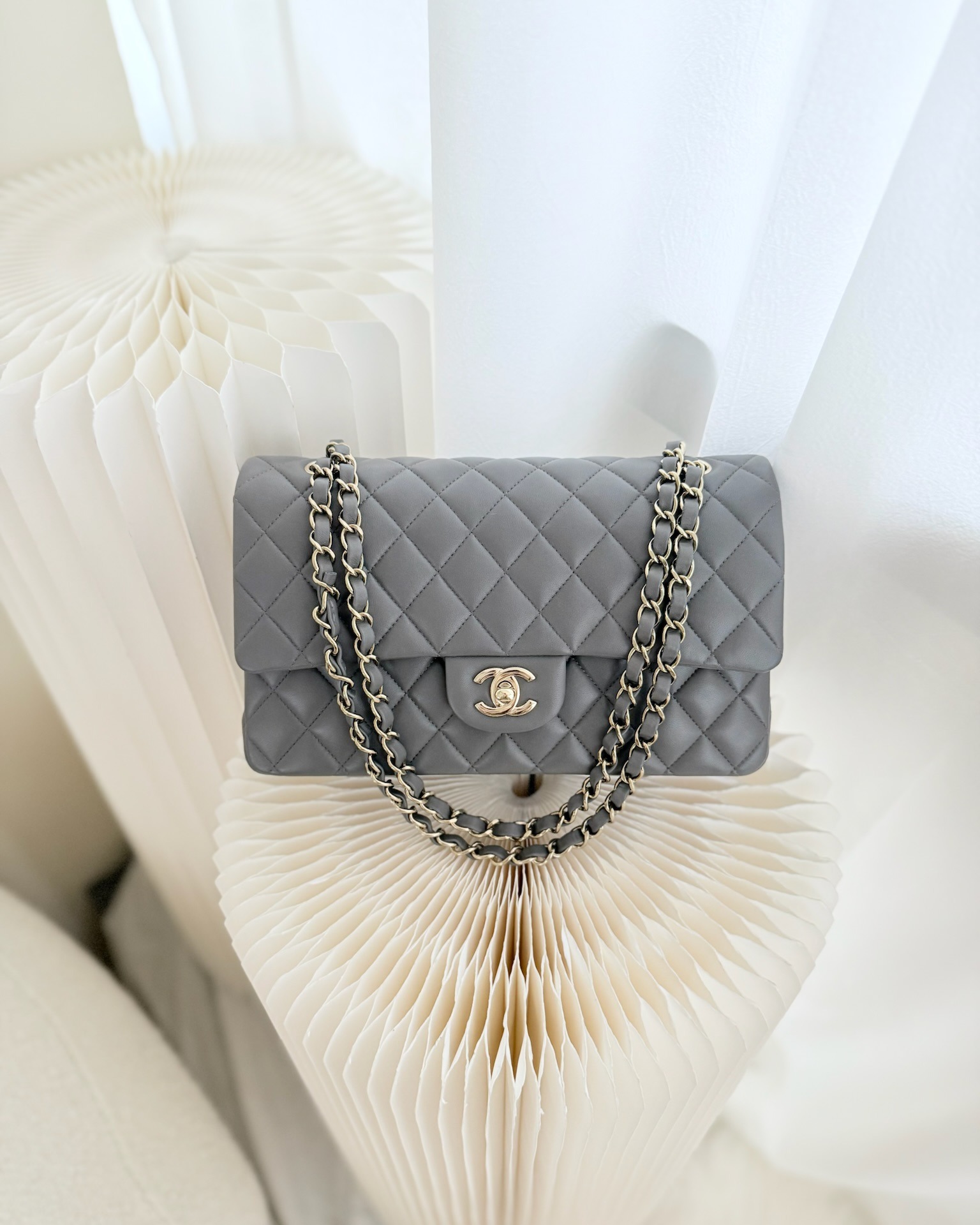Chanel Classic M/L Medium Flap Quilted Grey Lambskin