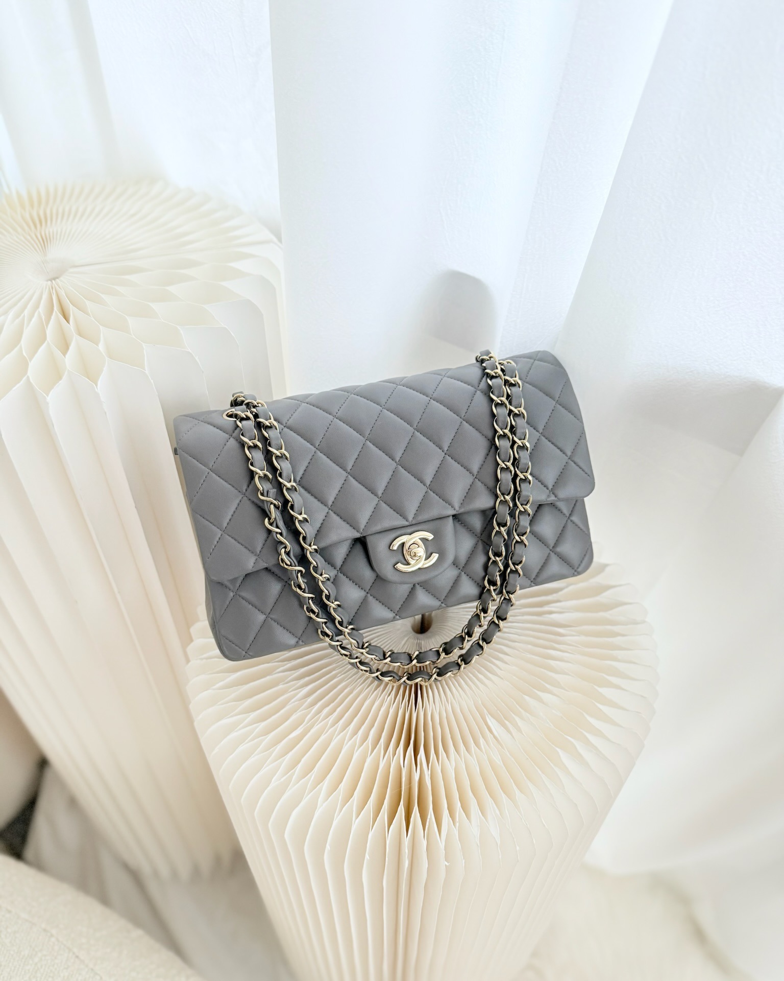 Chanel Classic M/L Medium Flap Quilted Grey Lambskin
