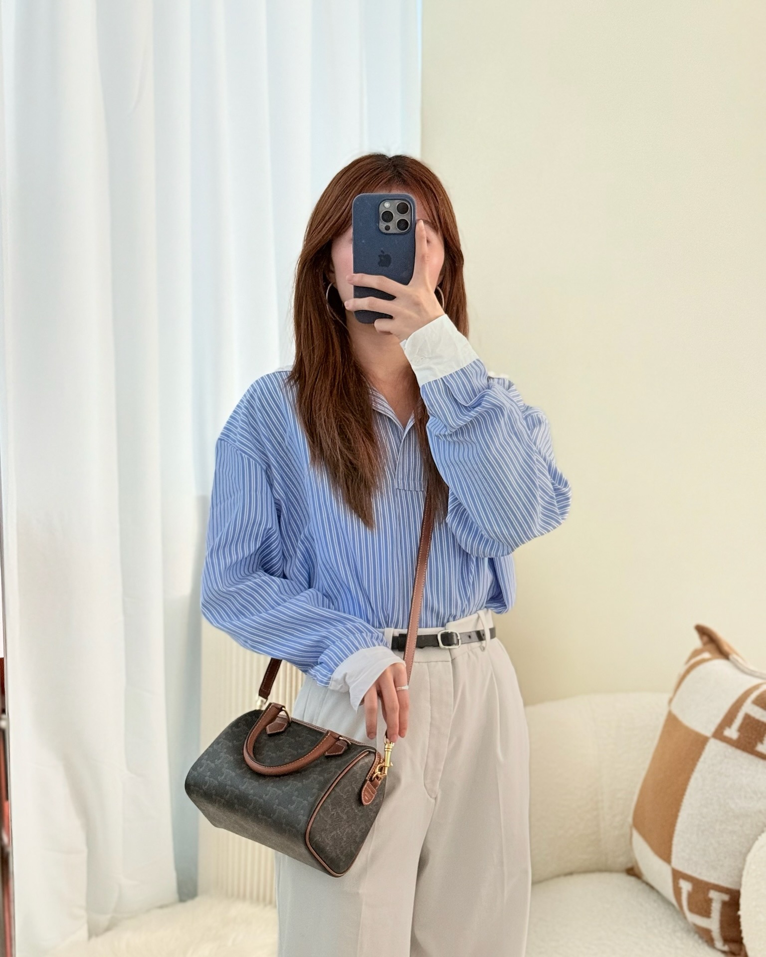 Celine Small Boston Bag Triomphe Canvas Tan Calfskin