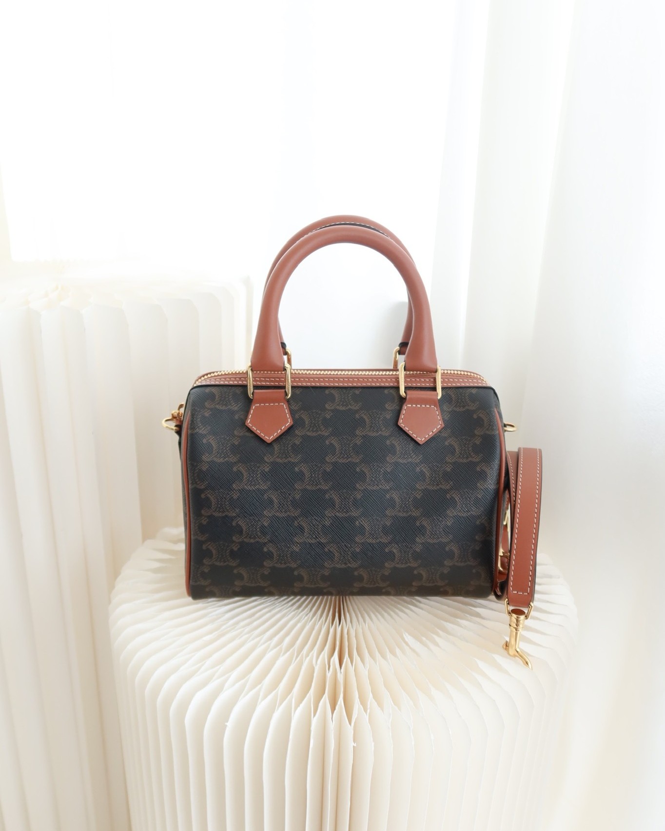 Celine Small Boston Bag Triomphe Canvas Tan Calfskin