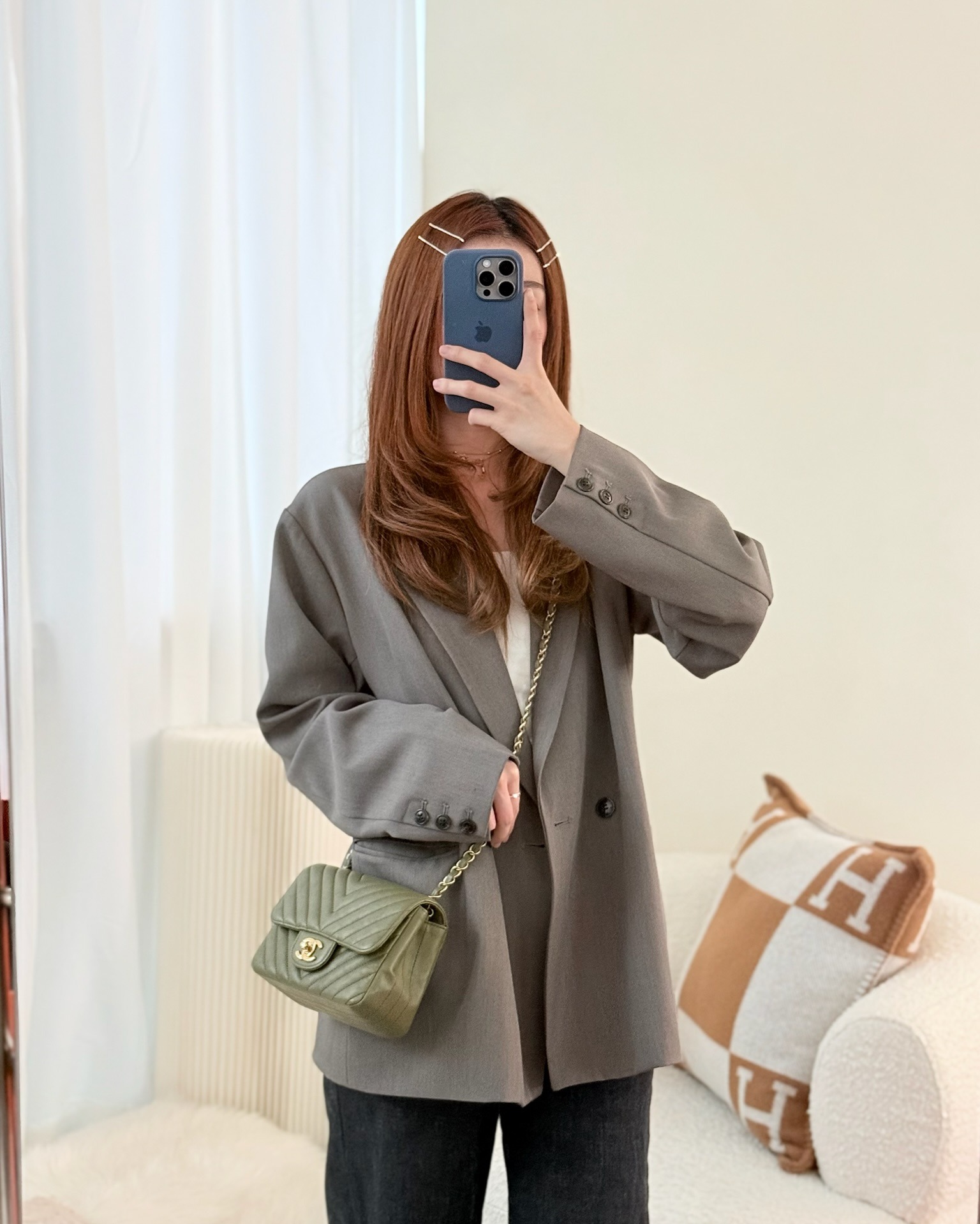 Chanel Mini Square Flap Chevron Olive Green Calfskin