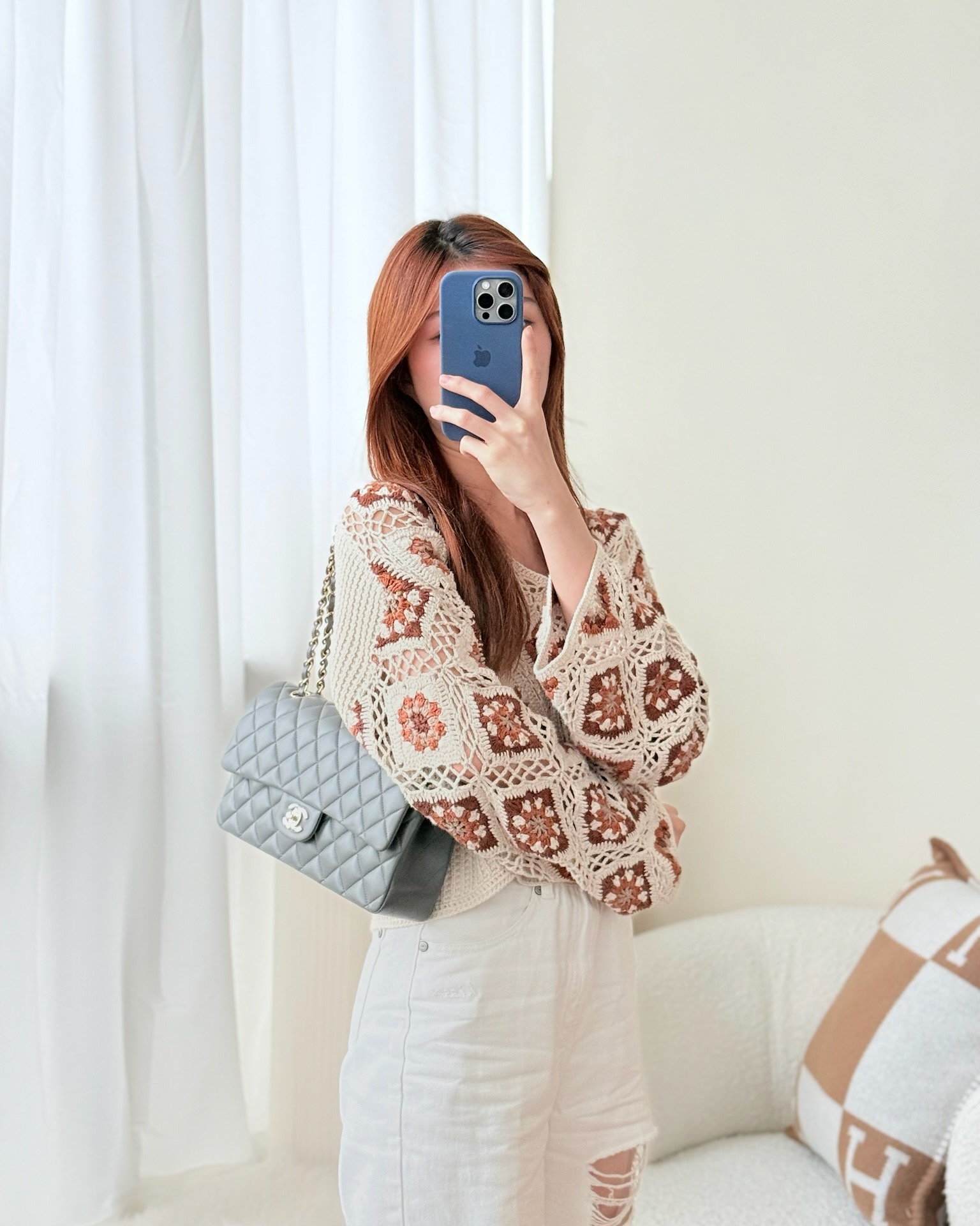 Chanel Classic M/L Medium Flap Quilted Grey Lambskin